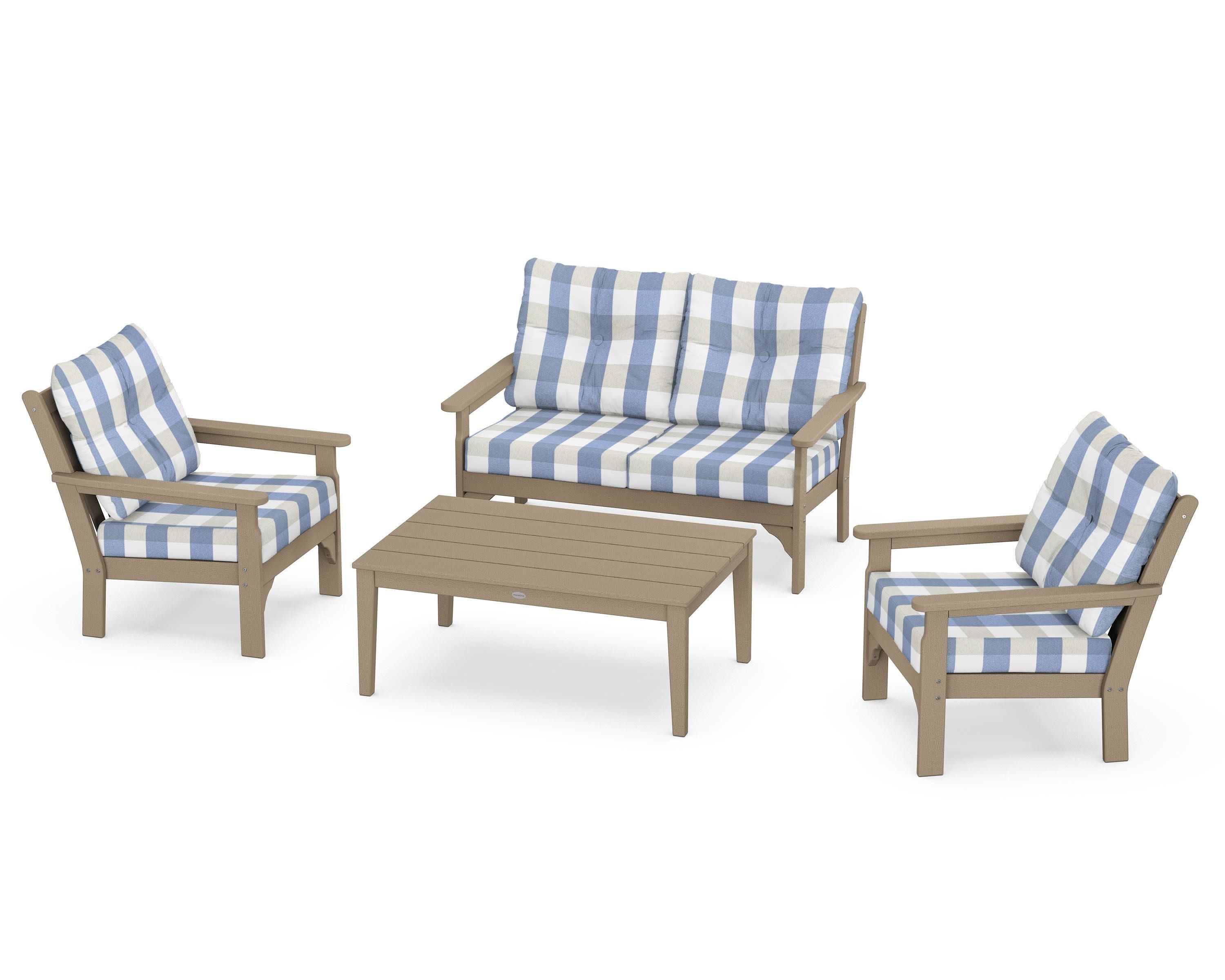 Vineyard 4-Piece Deep Seating Set in Vintage Sahara / Buffalo Plaid Sky Blue