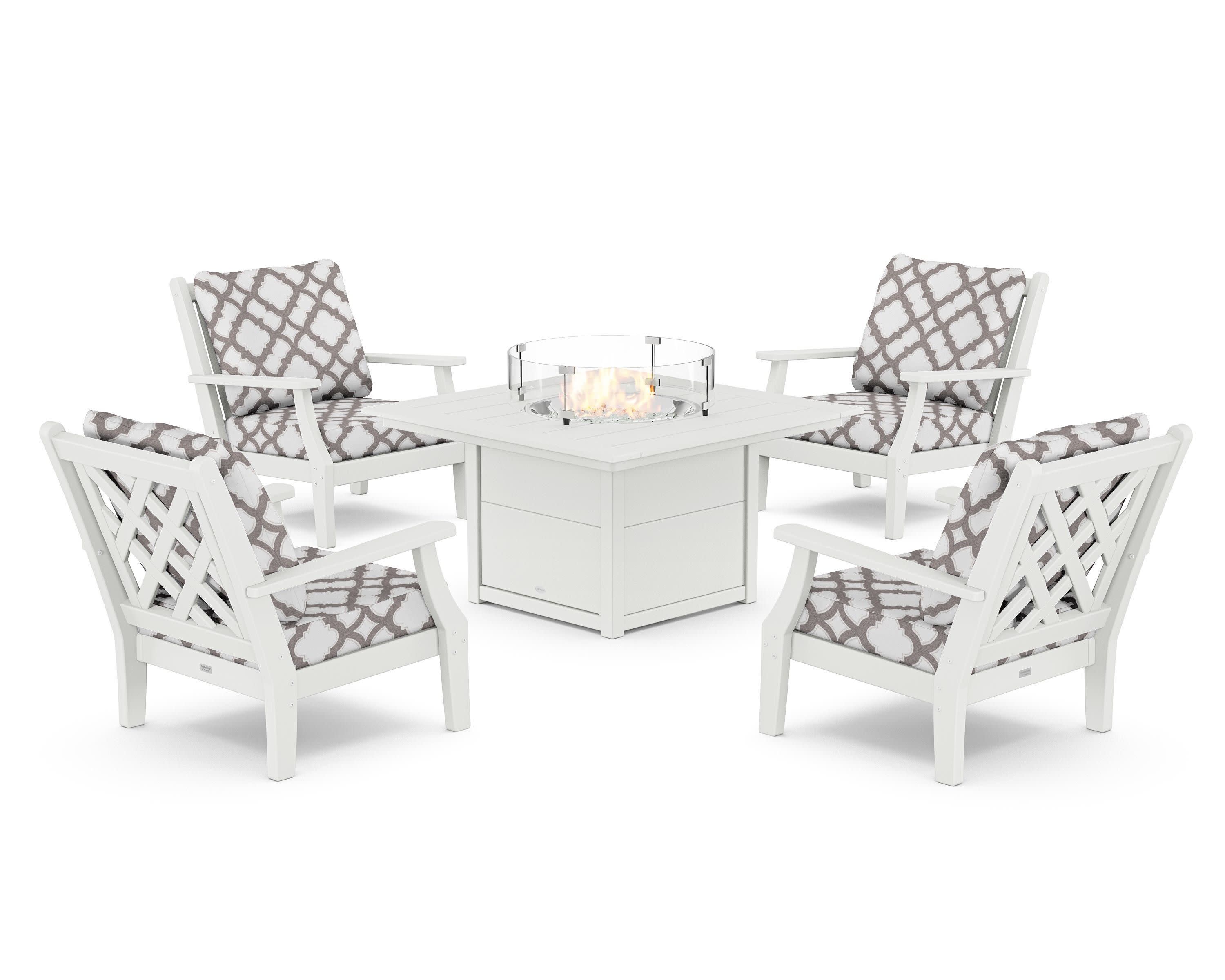 Wovendale 5-Piece Deep Seating Set with Fire Pit Table in White / Trellis Grey Mist