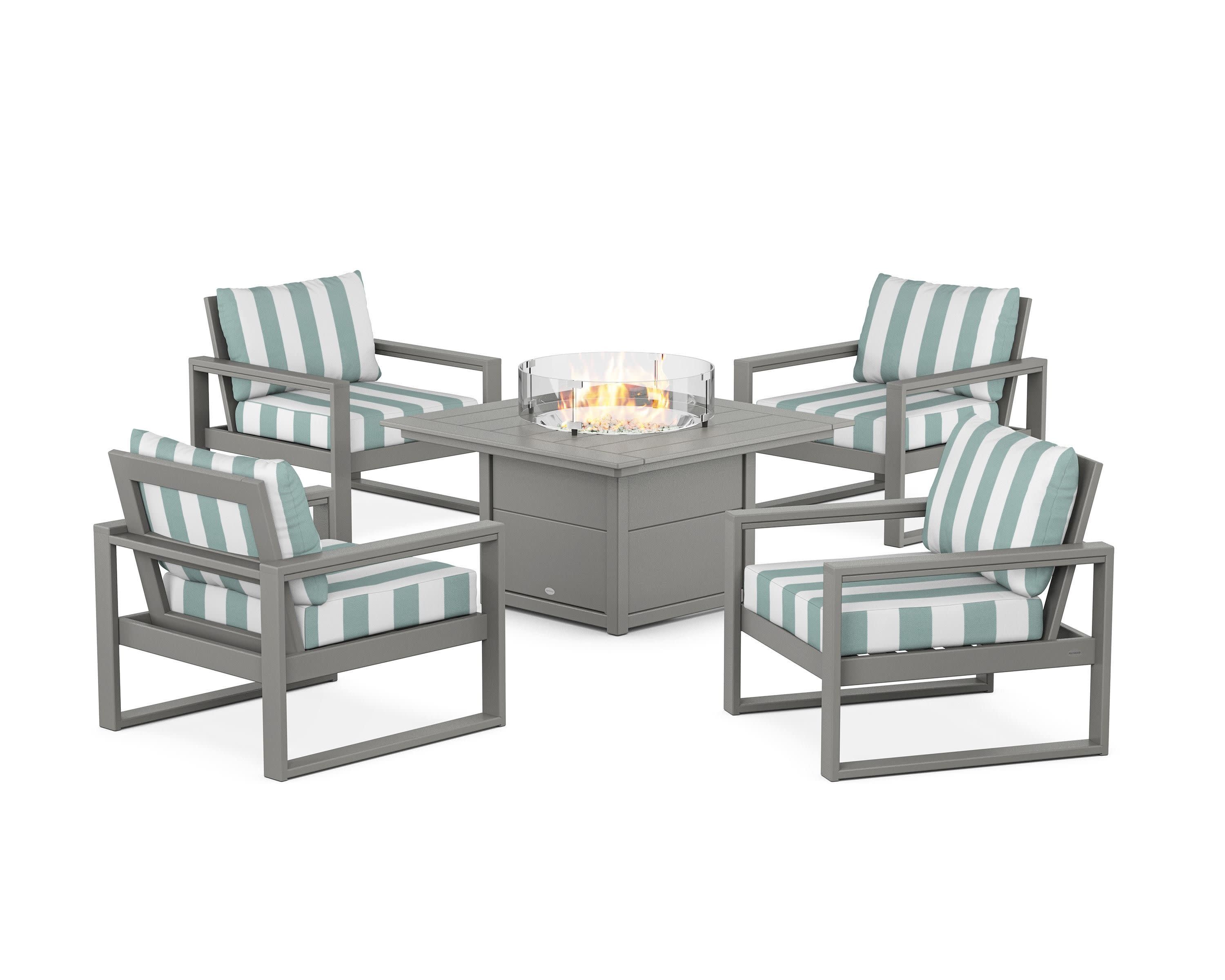 EDGE Sectional 5-Piece Deep Seating Set with Fire Pit Table in Slate Grey / Cabana Stripe Glacier Spa