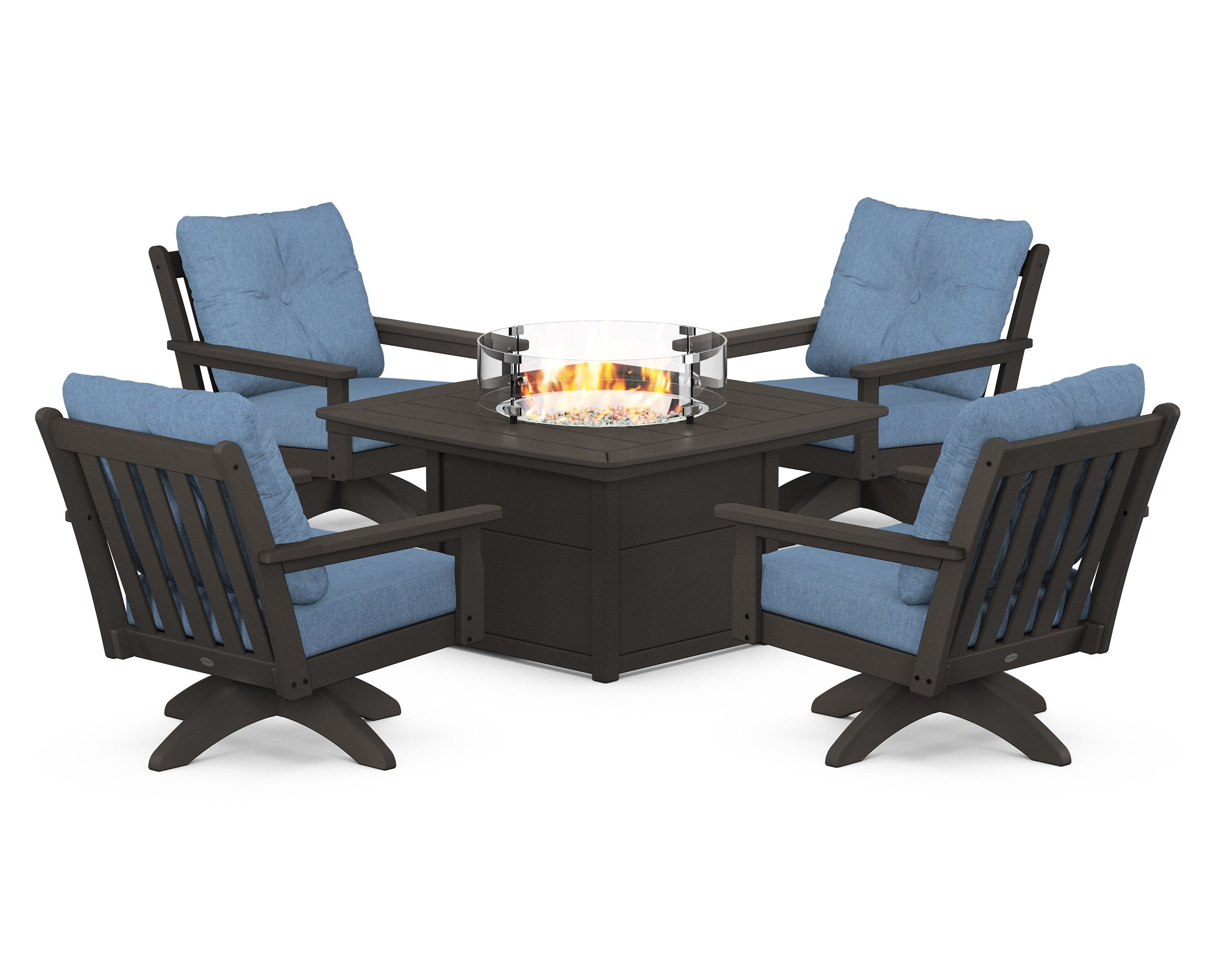 Vineyard 5-Piece Deep Seating Swivel Conversation Set with Fire Pit Table in Vintage Coffee / Sky Blue