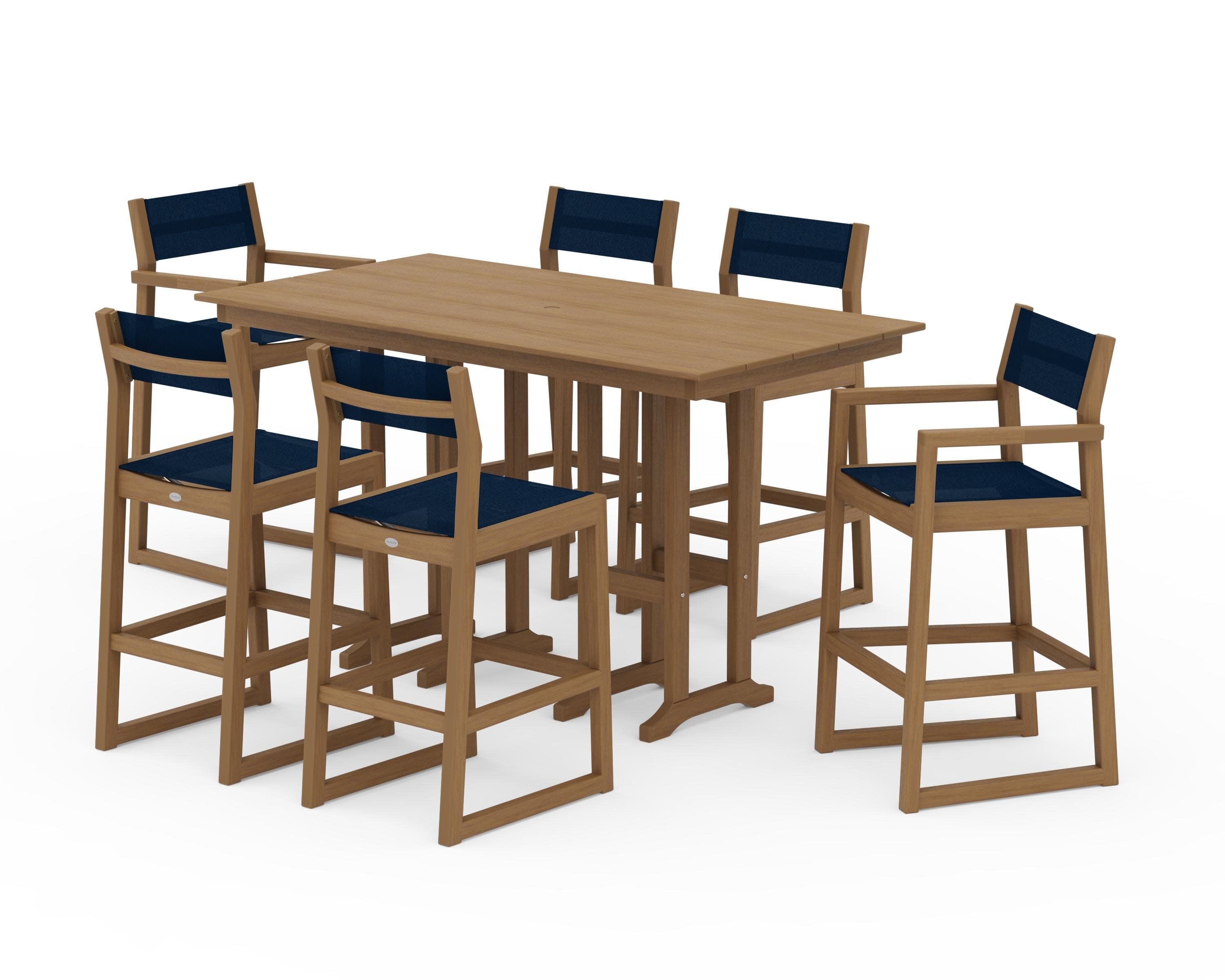EDGE Sling 7-Piece Farmhouse Bar Set in Natural / Navy Blue Sling
