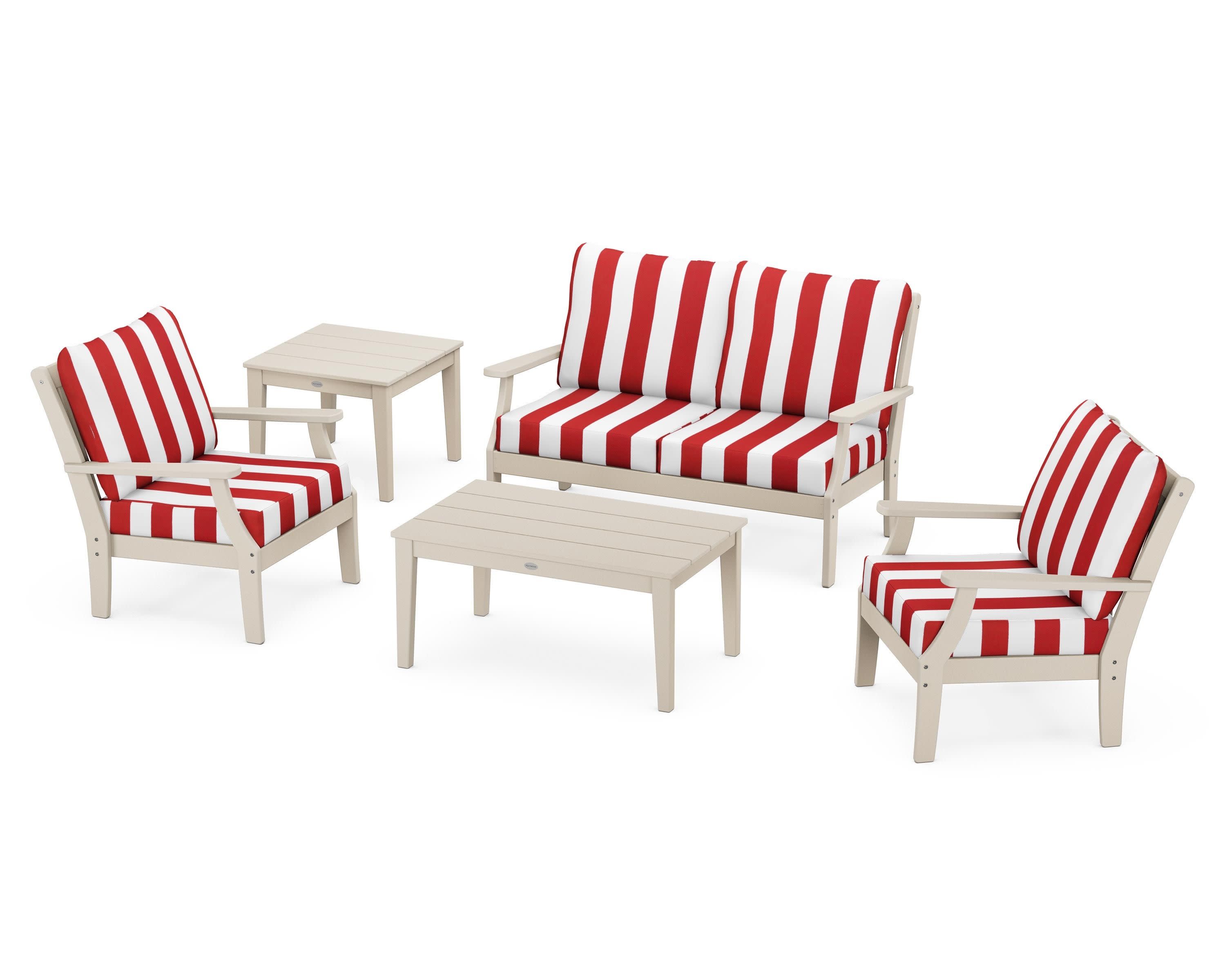 Braxton 5-Piece Deep Seating Set in Sand / Cabana Stripe Crimson
