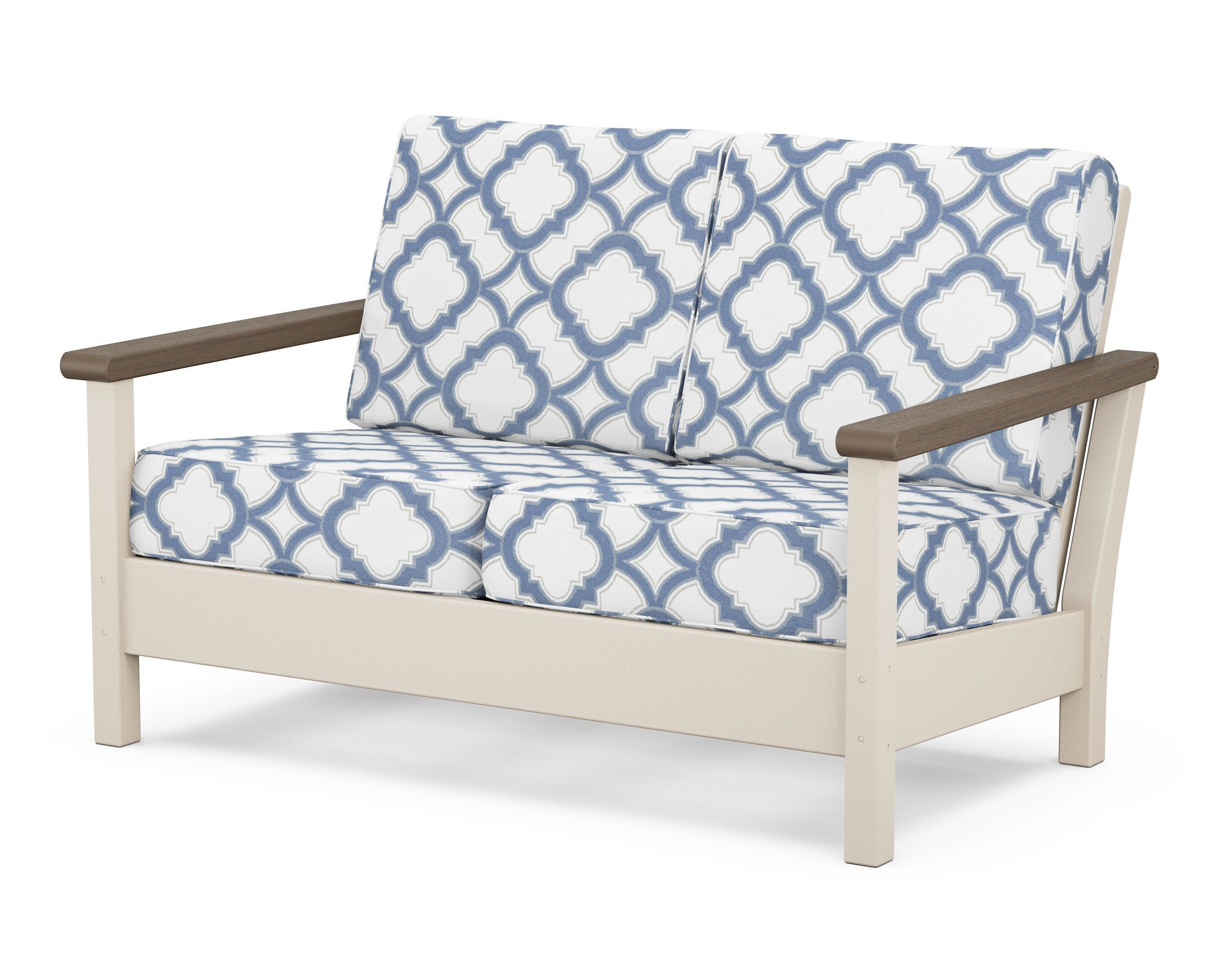 Harbour Deep Seating Loveseat in Sand / Kona / Trellis Sky Blue