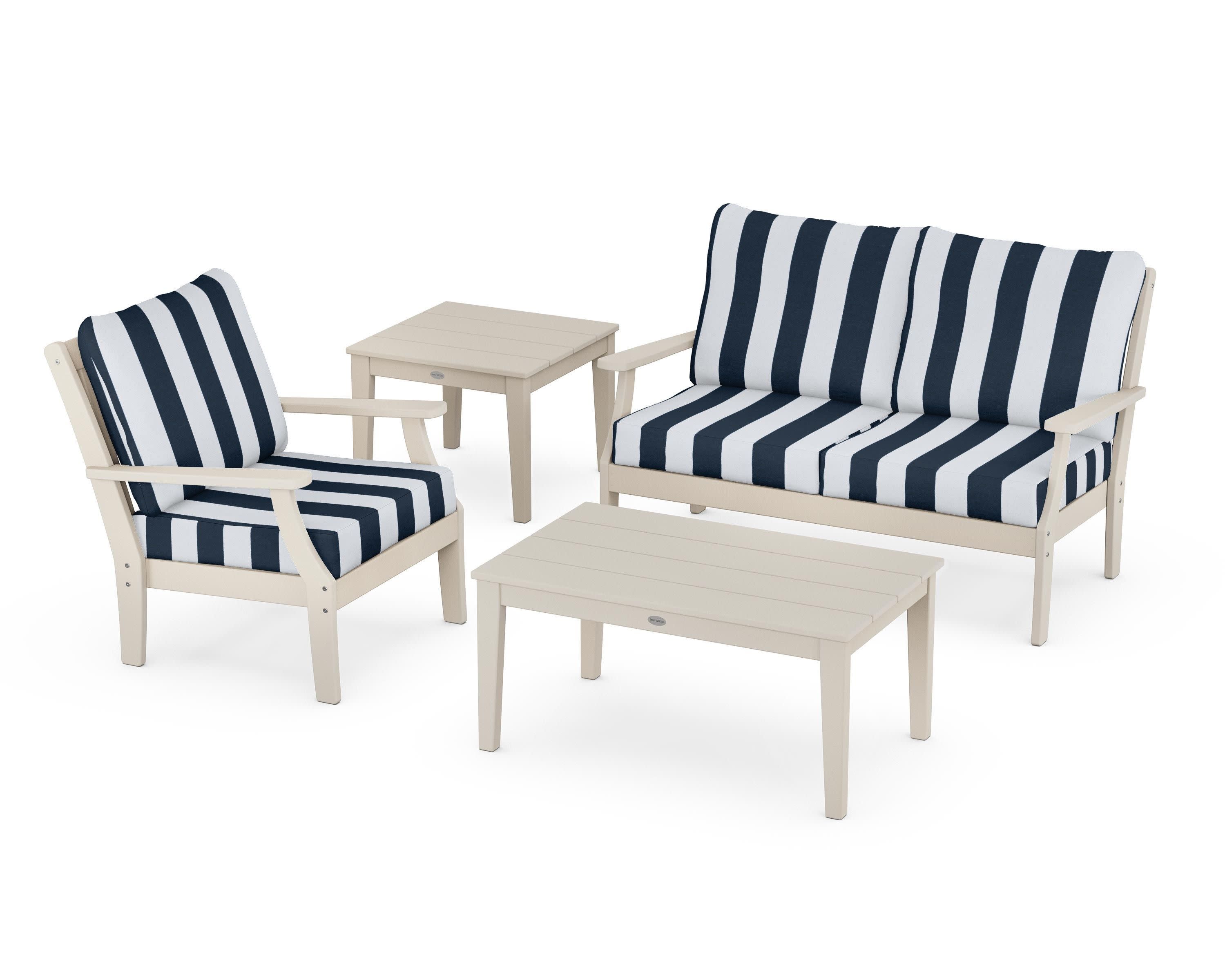 Braxton 4-Piece Deep Seating Set in Sand / Cabana Stripe Marine Indigo