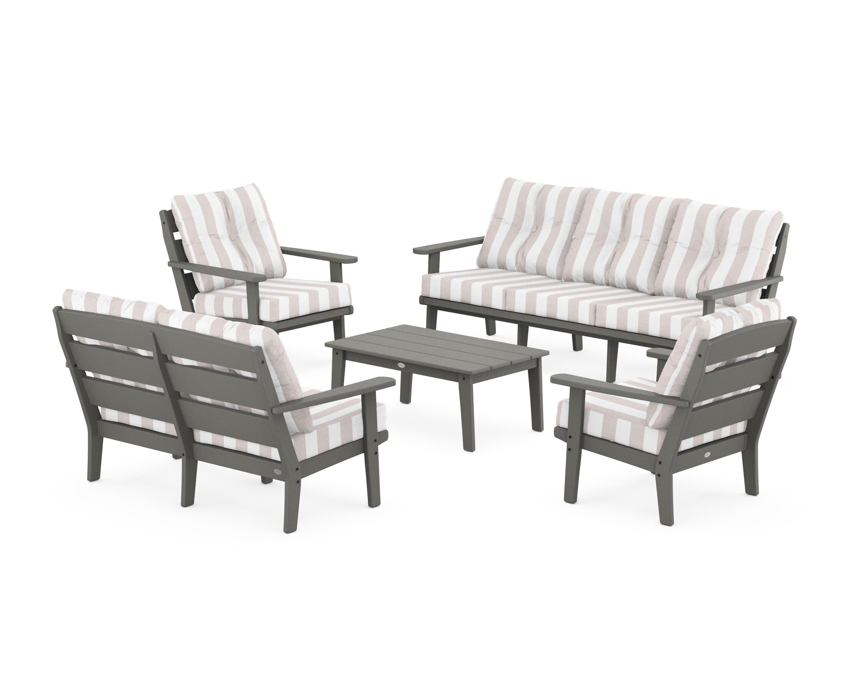 Lakeside 5-Piece Lounge Sofa Set in Slate Grey / Cabana Stripe Dune Burlap