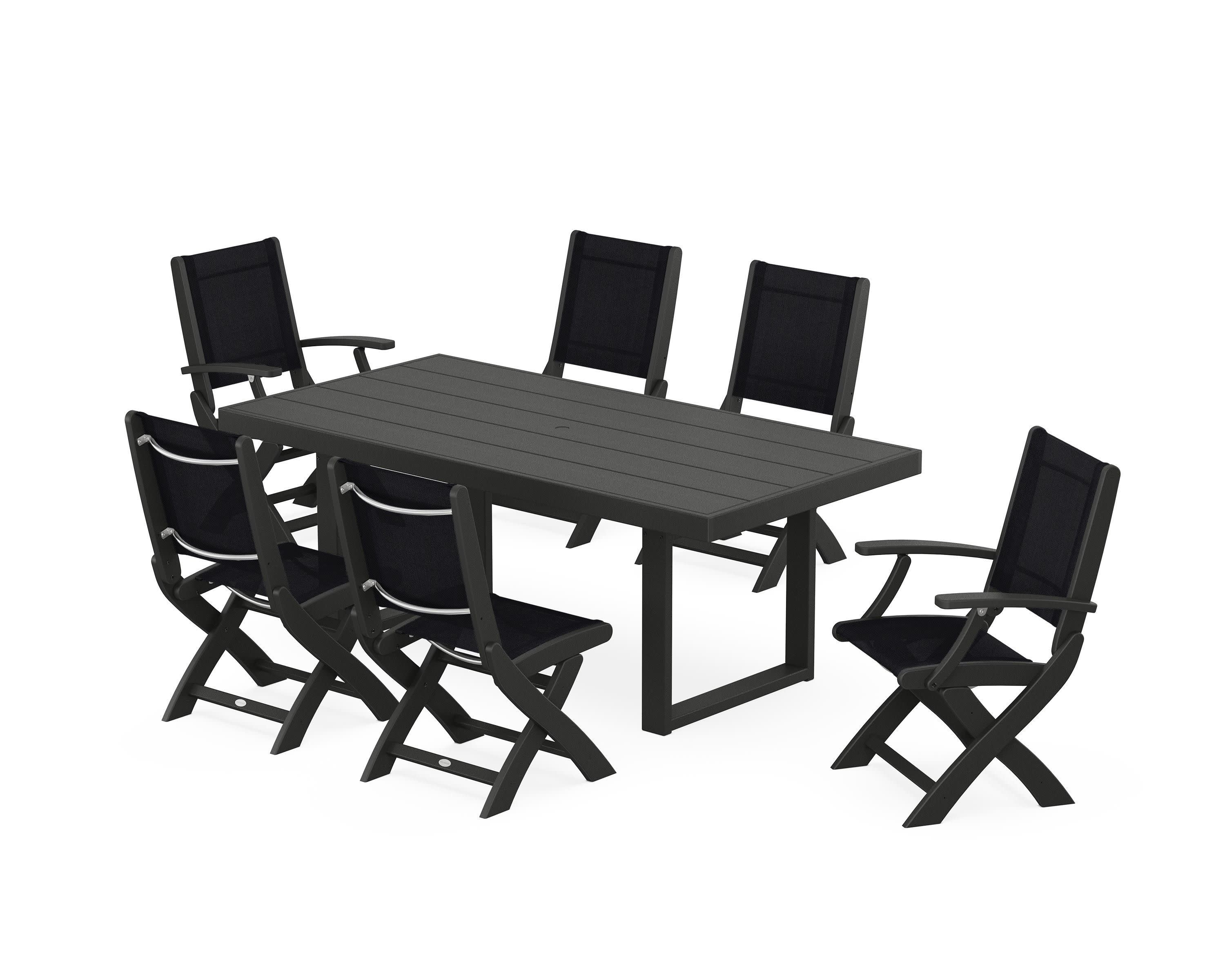 Coastal Folding Chair 7-Piece Dining Set with Trestle Legs in Black / Black Sling