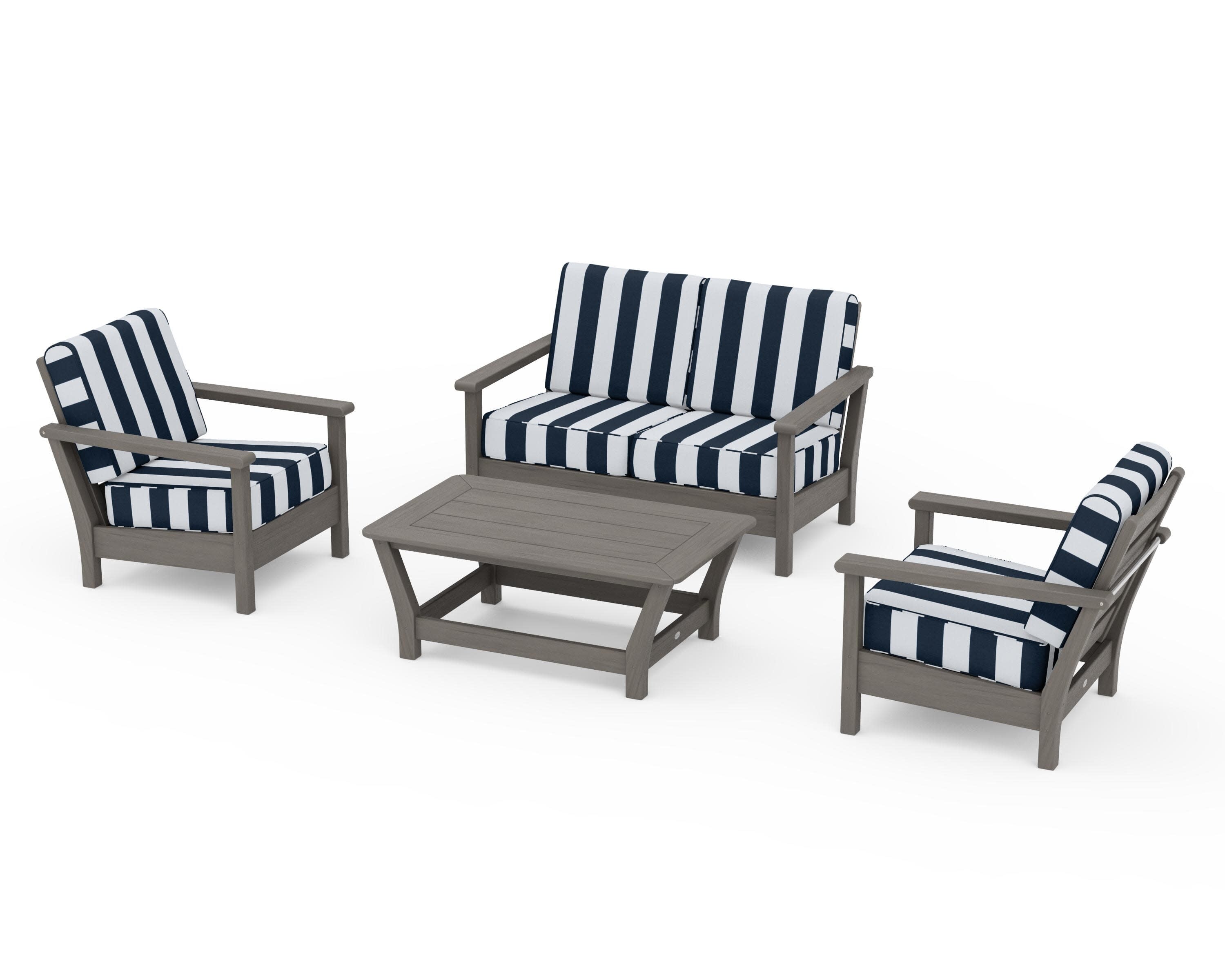 Harbour 4-Piece Deep Seating Set in Driftwood / Cabana Stripe Marine Indigo