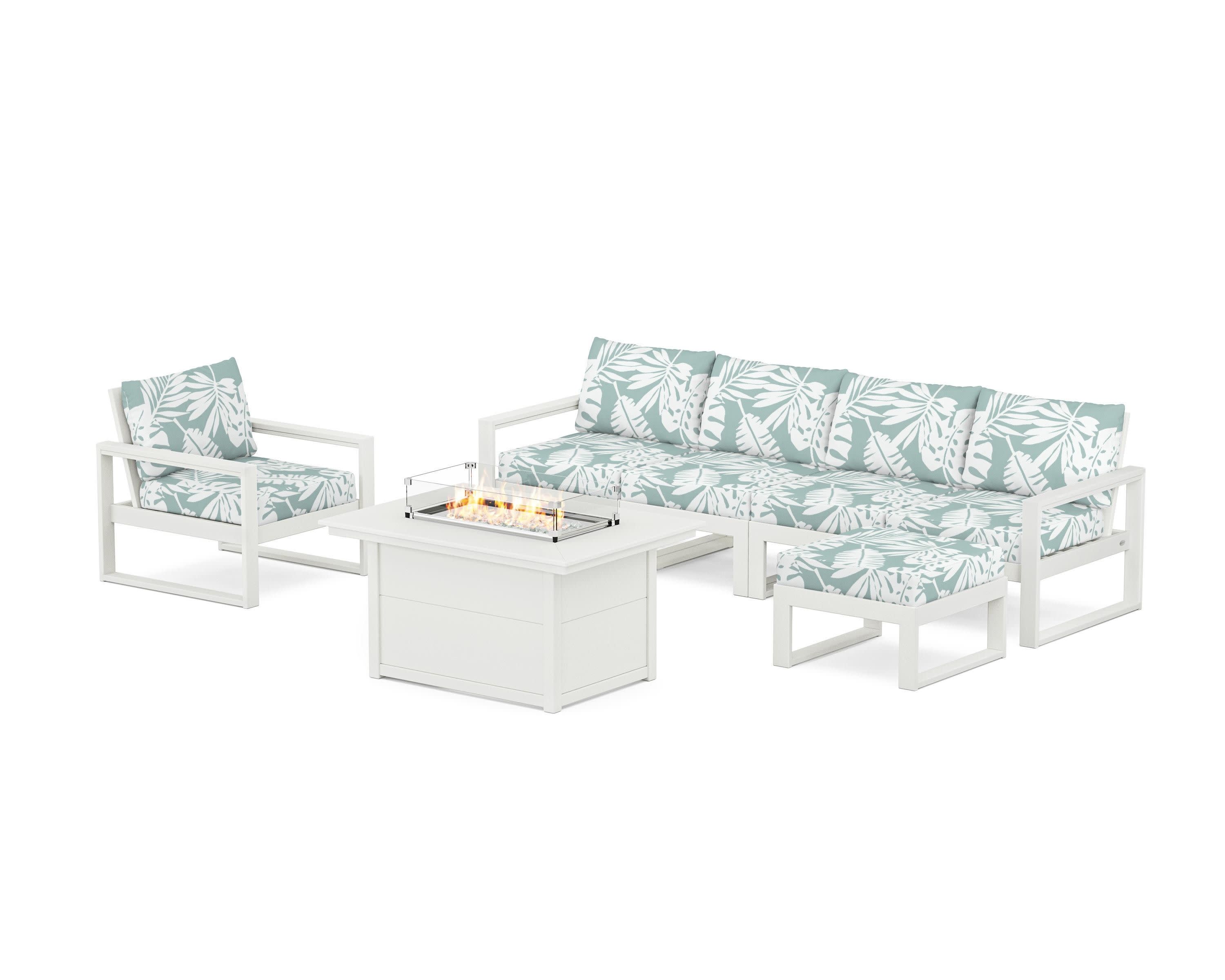 EDGE Sectional Lounge and Fire Pit Set in Vintage White / Leaf Glacier Spa