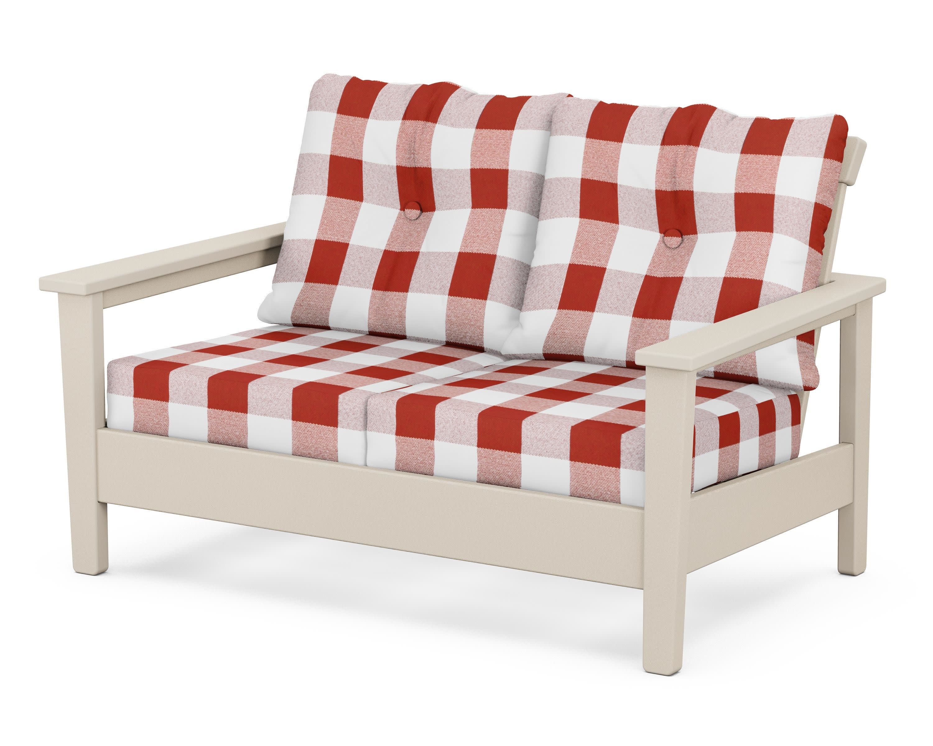 Prescott Deep Seating Loveseat in Sand / Buffalo Plaid Crimson