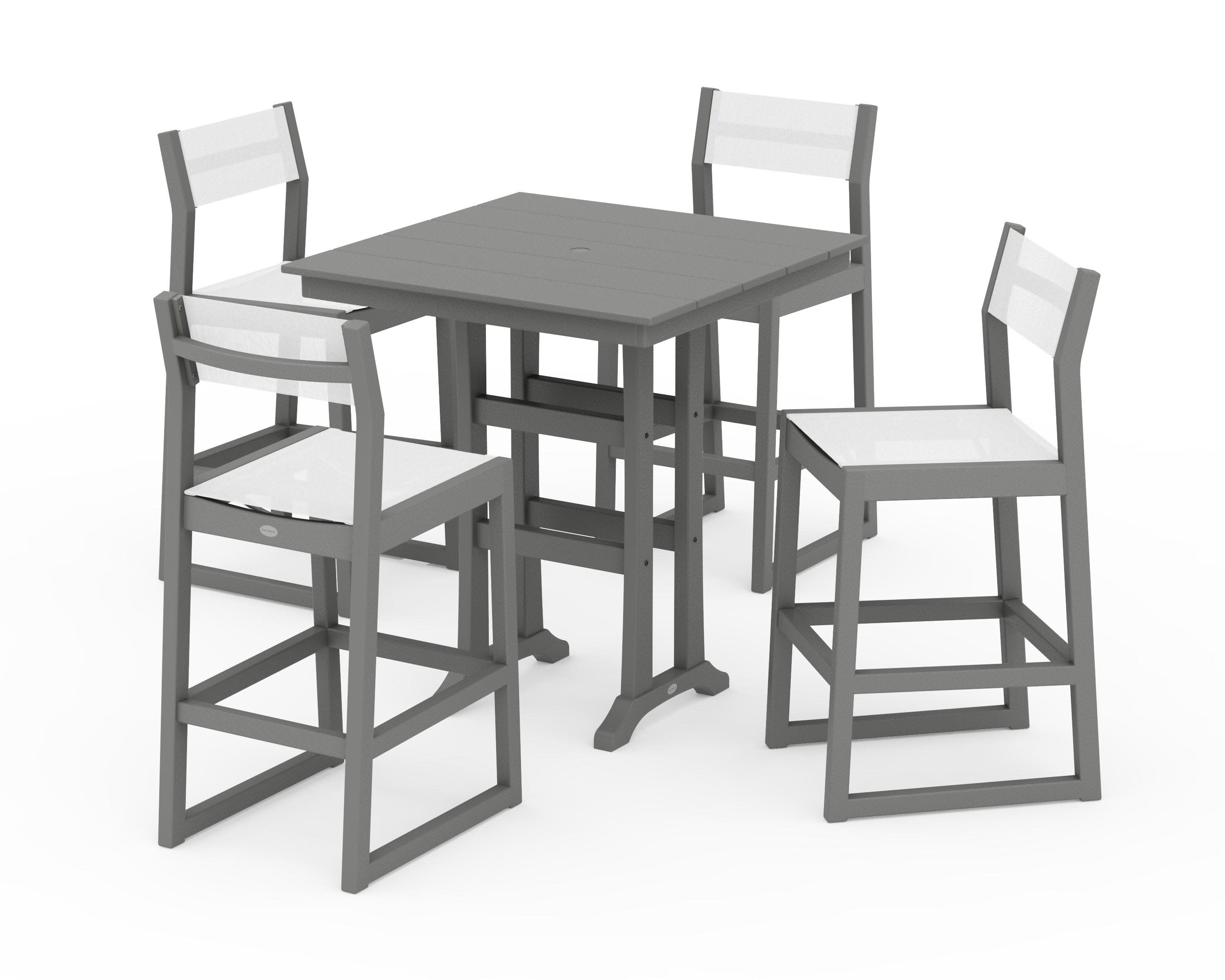 EDGE Sling Arm Chair 5-Piece Farmhouse Bar Set with Trestle Legs in Slate Grey / White Sling