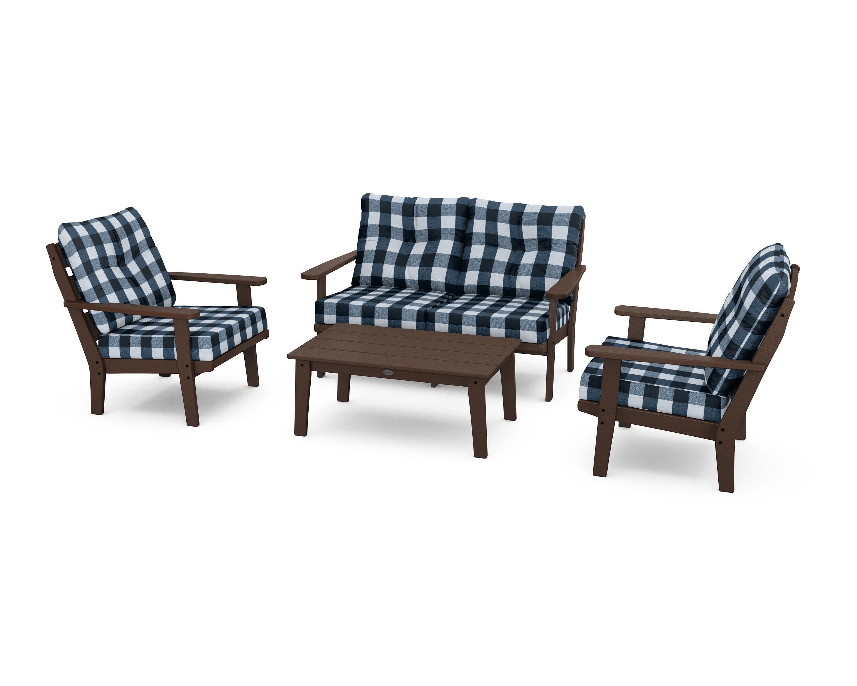 Lakeside 4-Piece Deep Seating Set in Mahogany / Buffalo Plaid Marine Indigo