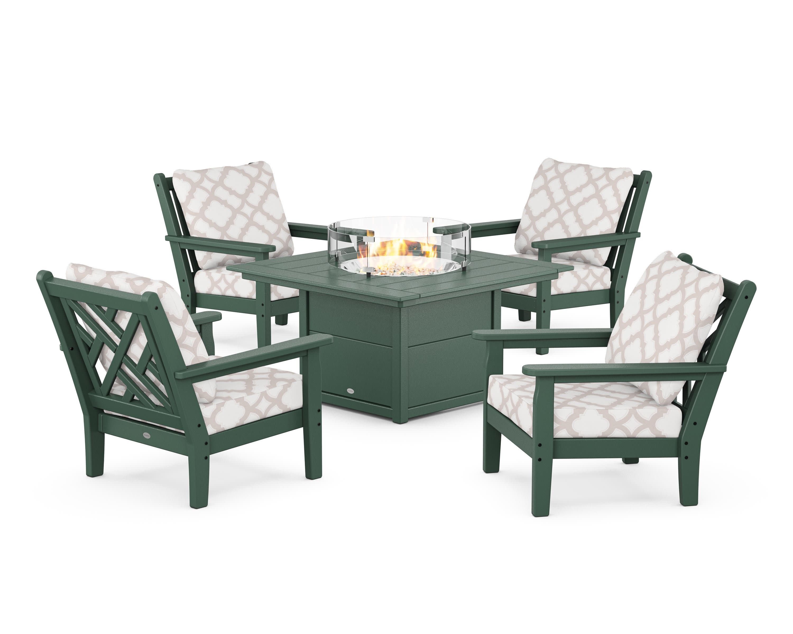 Chippendale 5-Piece Deep Seating Set with Fire Pit Table in Green / Trellis Dune Burlap