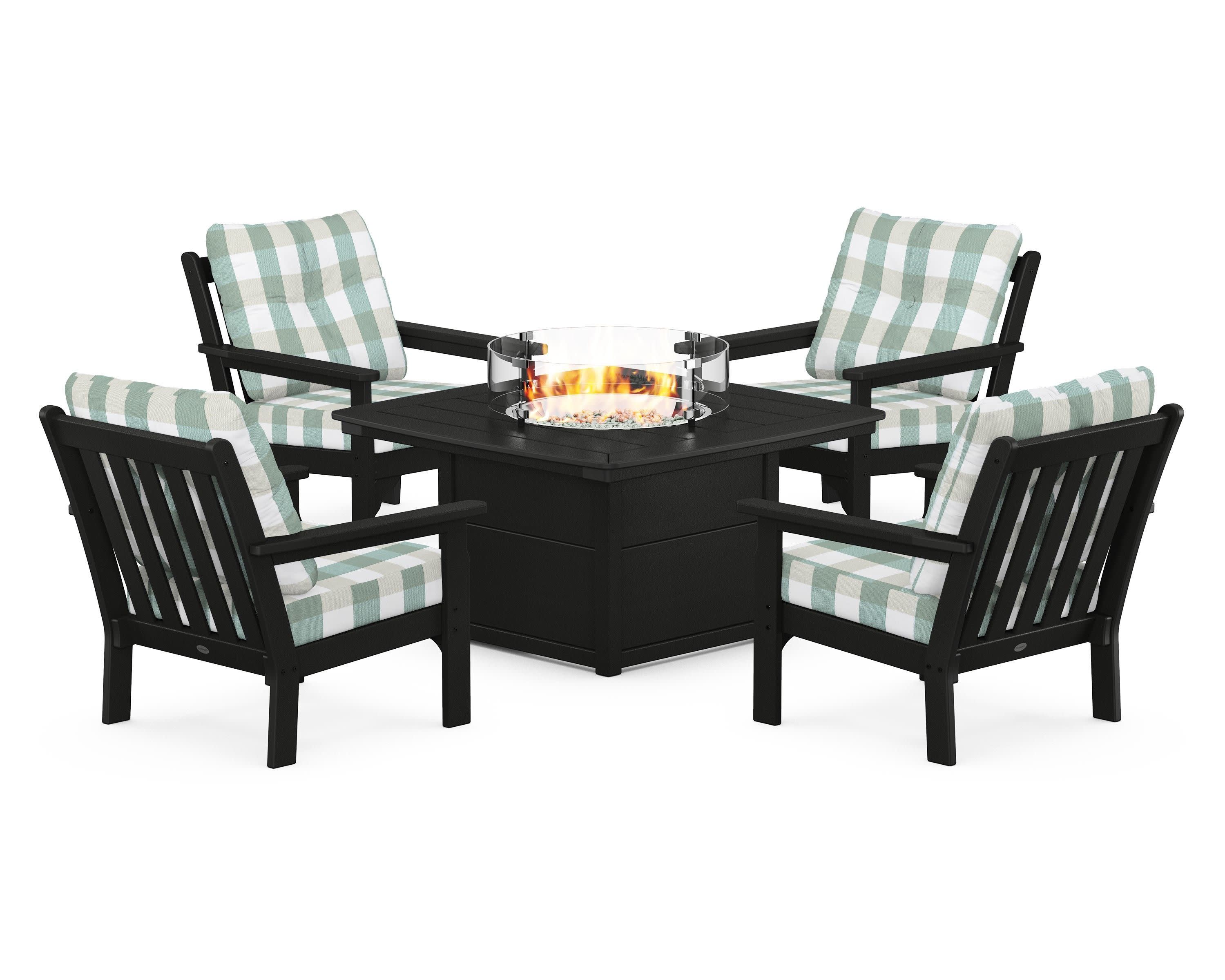 Vineyard 5-Piece Conversation Set with Fire Pit Table in Black / Buffalo Plaid Glacier Spa