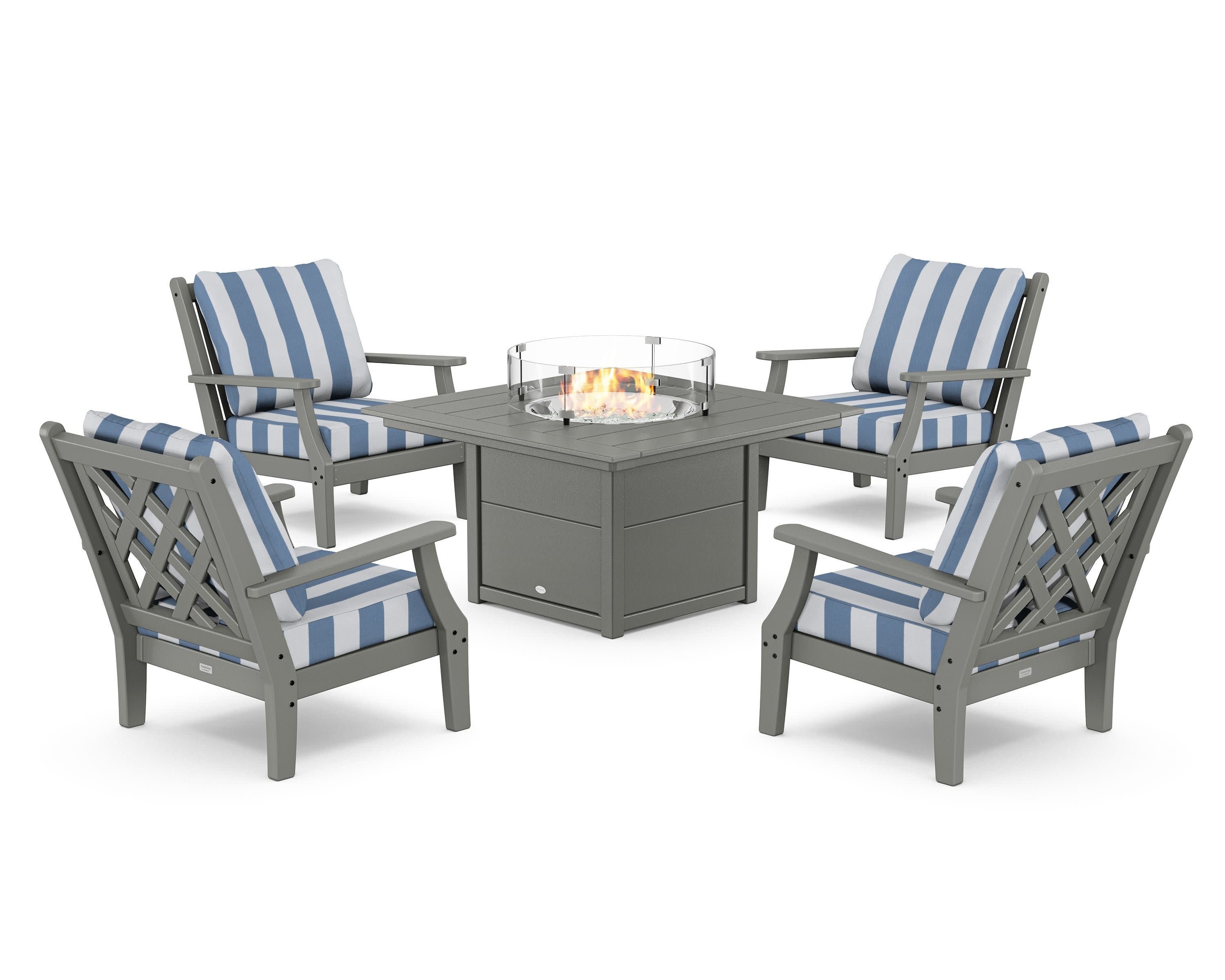 Wovendale 5-Piece Deep Seating Set with Fire Pit Table in Slate Grey / Cabana Stripe Sky Blue