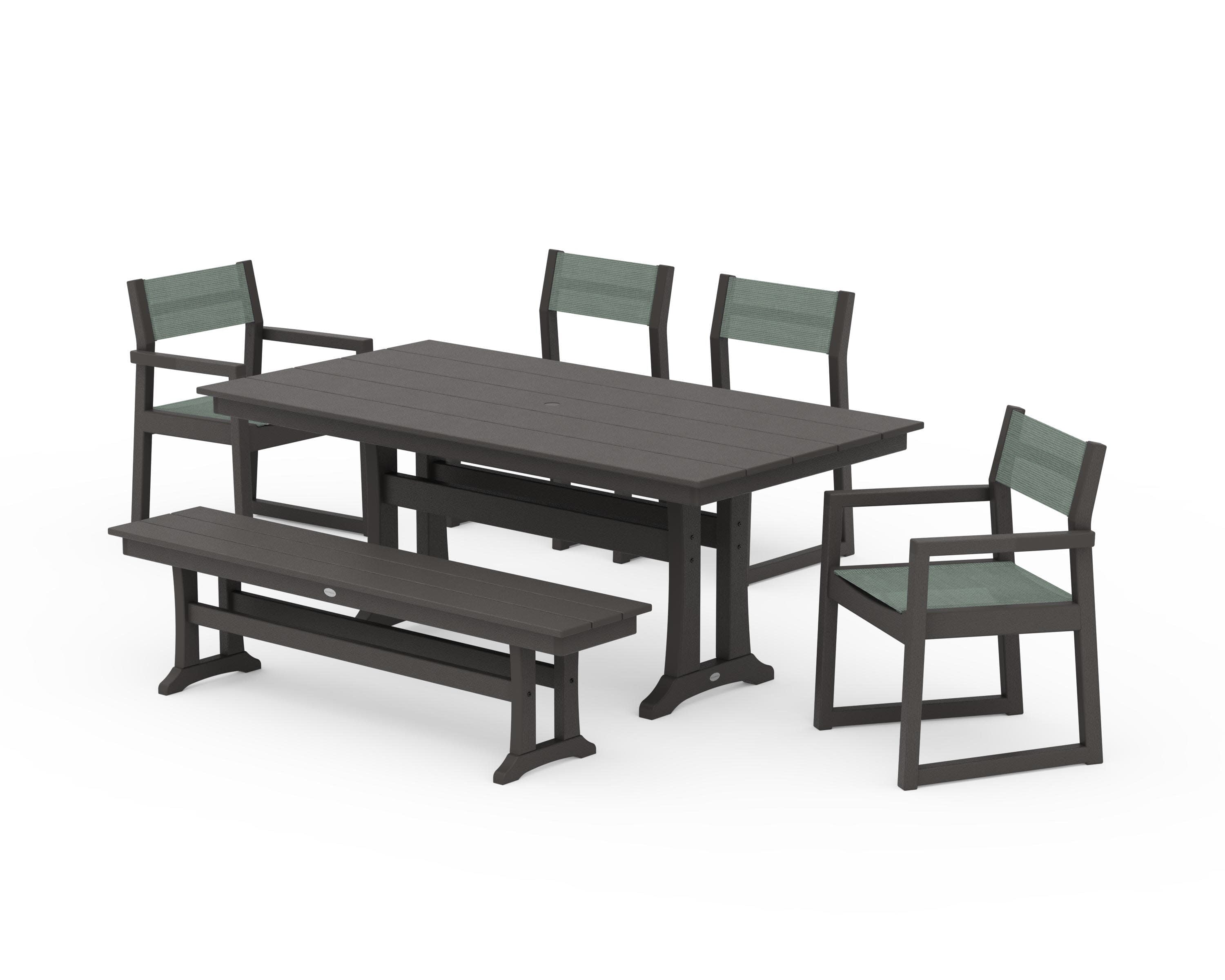 EDGE Sling 6-Piece Farmhouse Dining Set With Trestle Legs in Vintage Coffee / Dupioni Sea Mist Sling