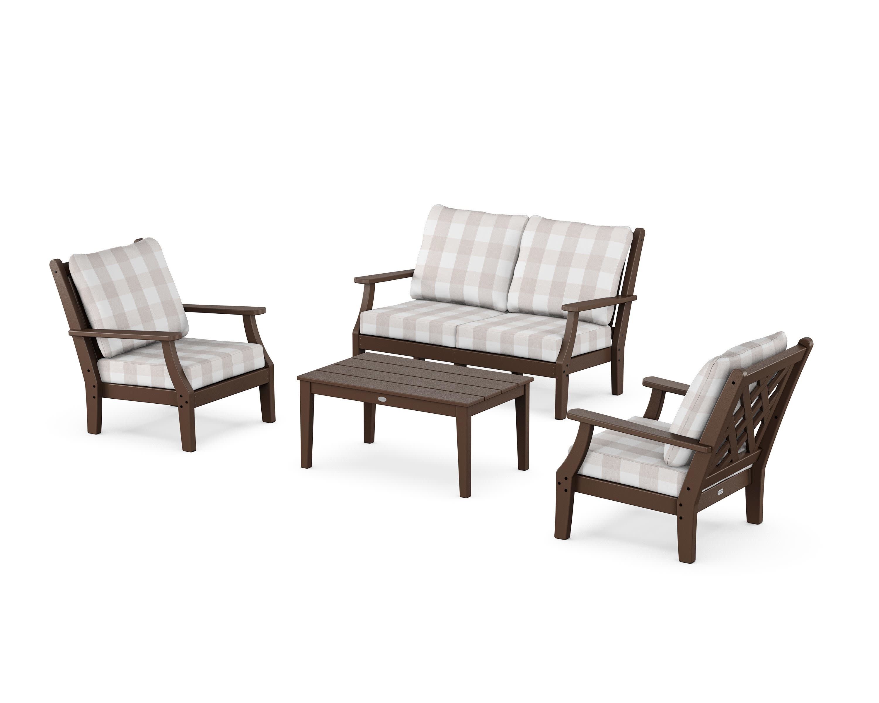 Wovendale 4-Piece Deep Seating Set with Loveseat in Mahogany / Buffalo Plaid Dune Burlap
