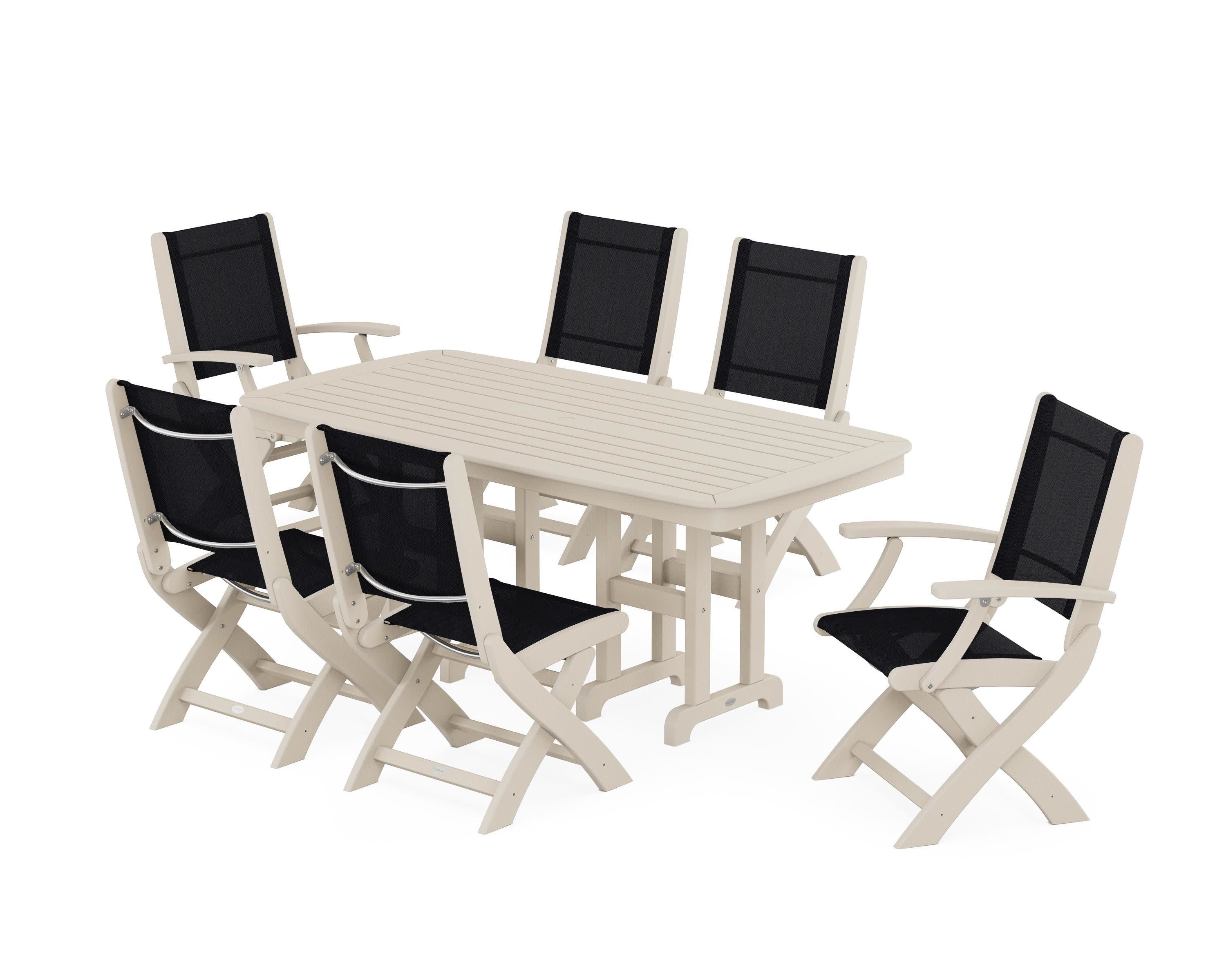 Coastal Folding Chair 7-Piece Dining Set in Sand / Black Sling