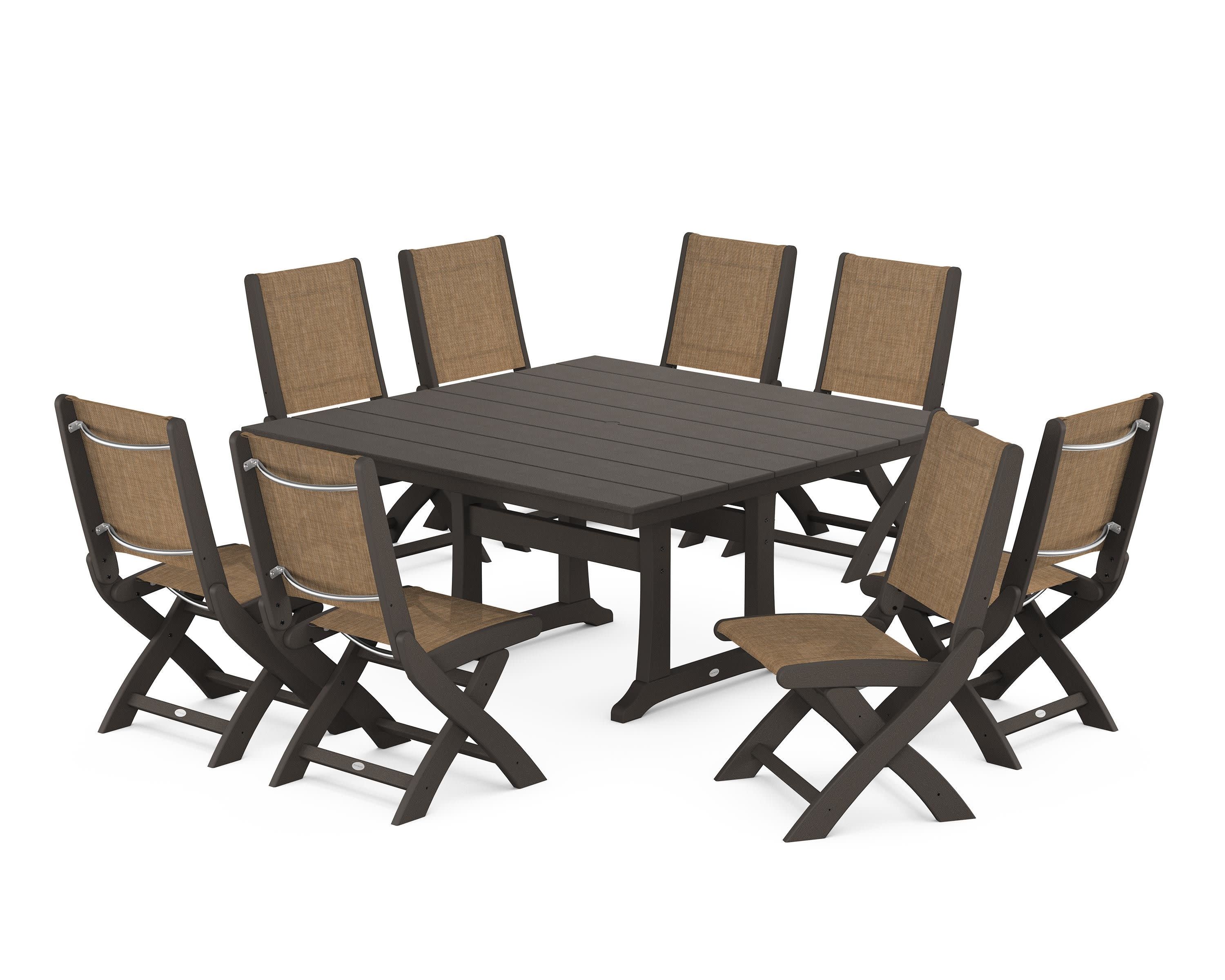 Coastal Folding Side Chair 9-Piece Farmhouse Dining Set in Vintage Coffee / Burlap Sling