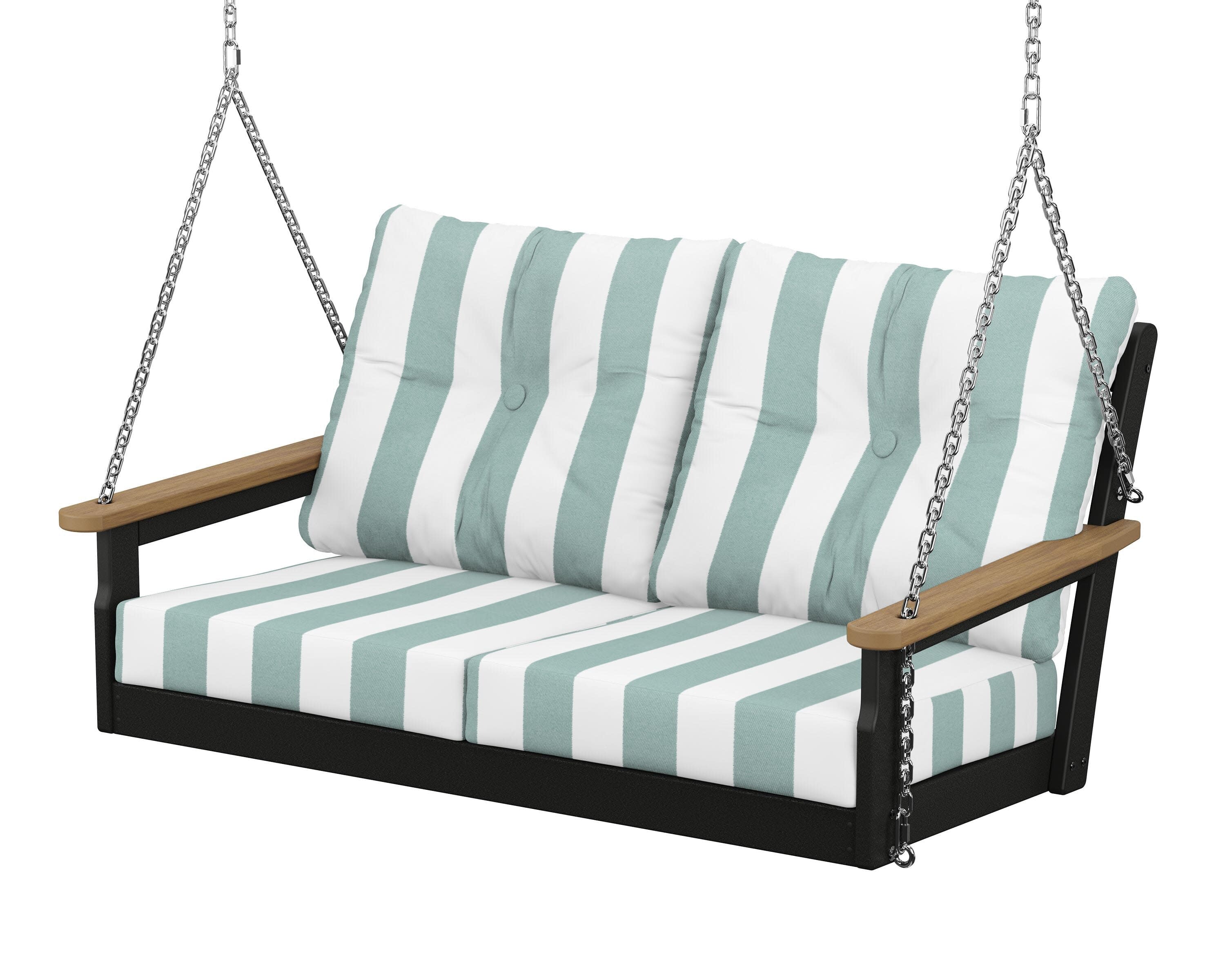 Vineyard Deep Seating Swing in Black / Natural / Cabana Stripe Glacier Spa