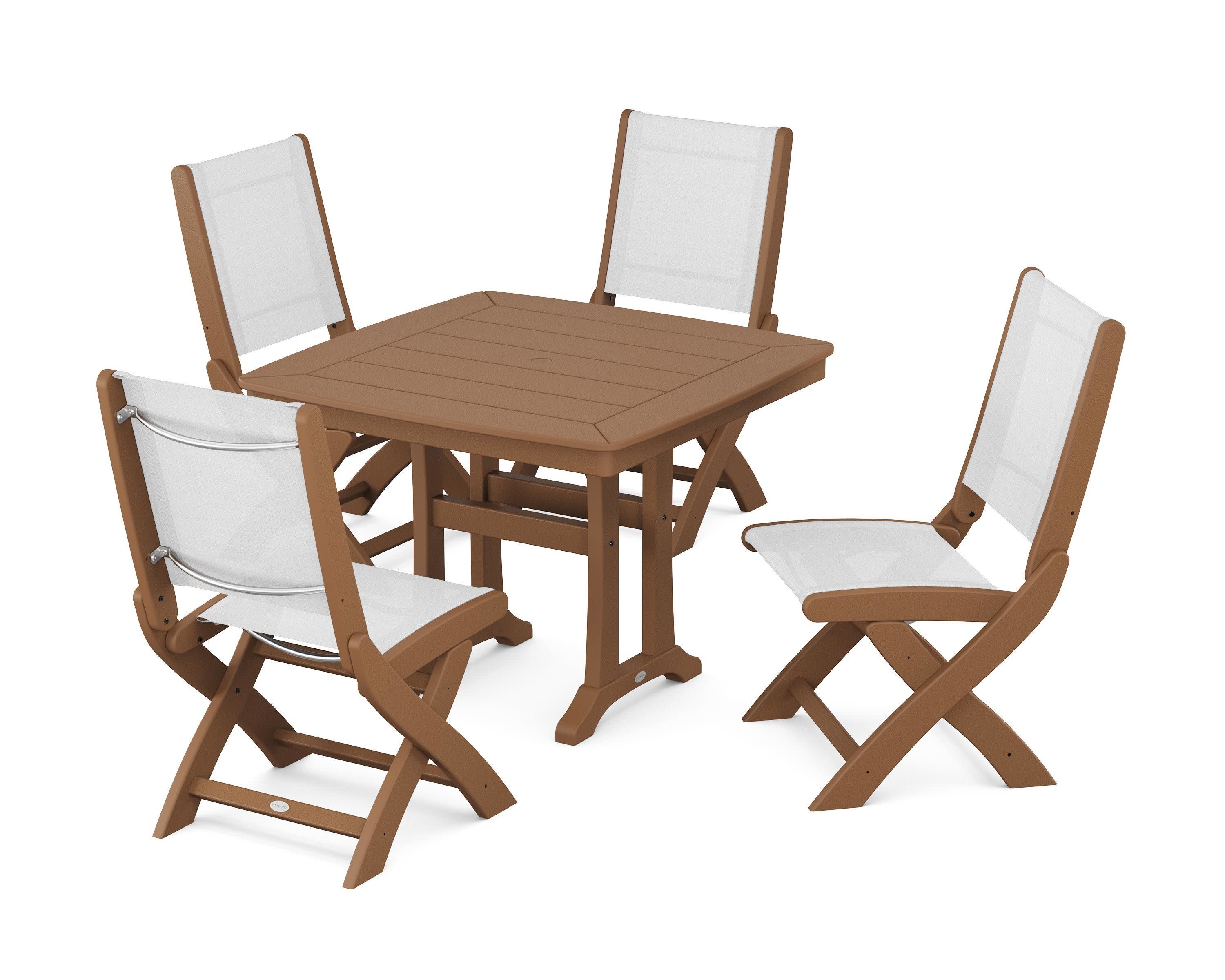 Coastal Folding Side Chair 5-Piece Dining Set with Trestle Legs in Teak / White Sling