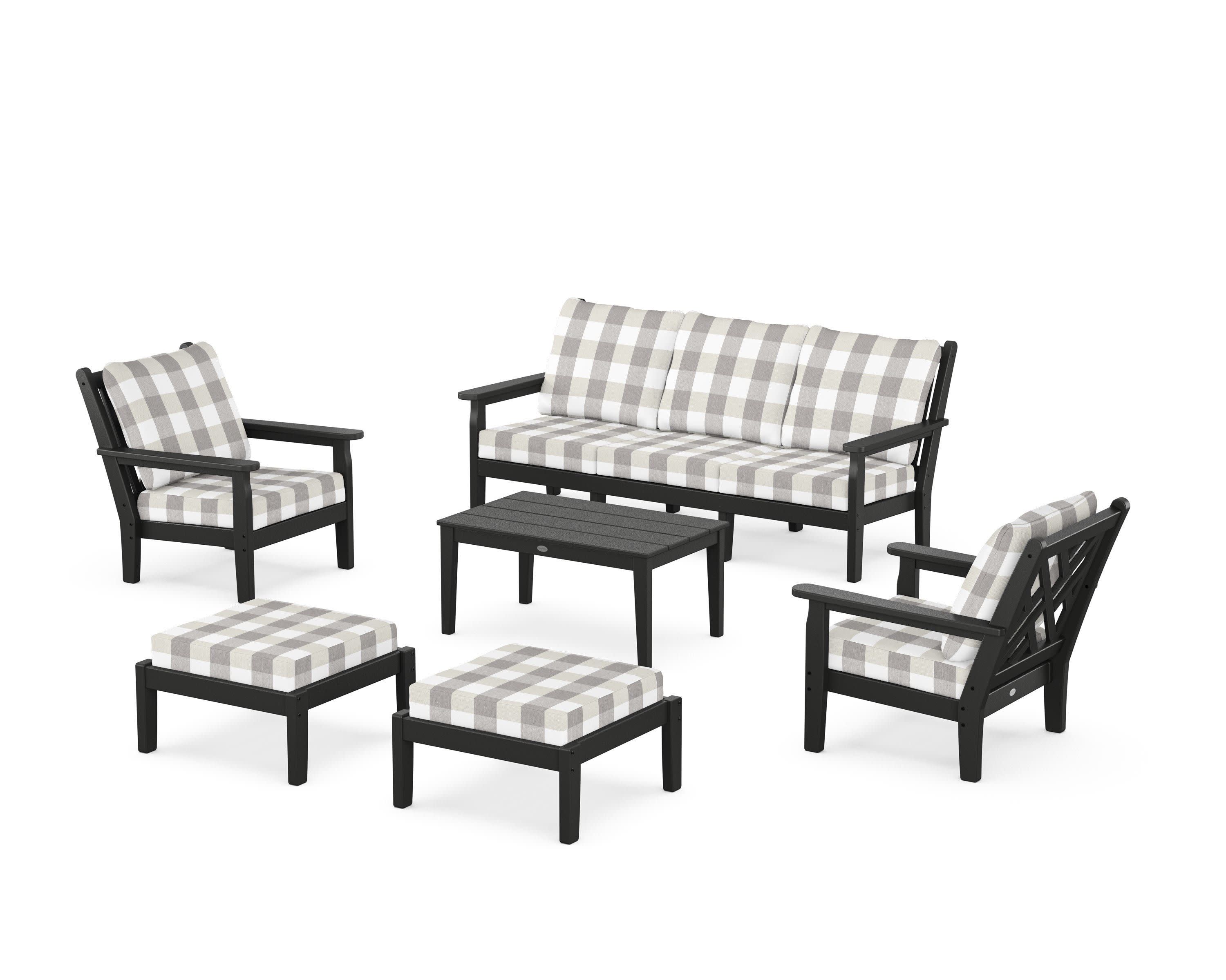 Chippendale 6-Piece Lounge Sofa Set in Black / Buffalo Plaid Grey Mist