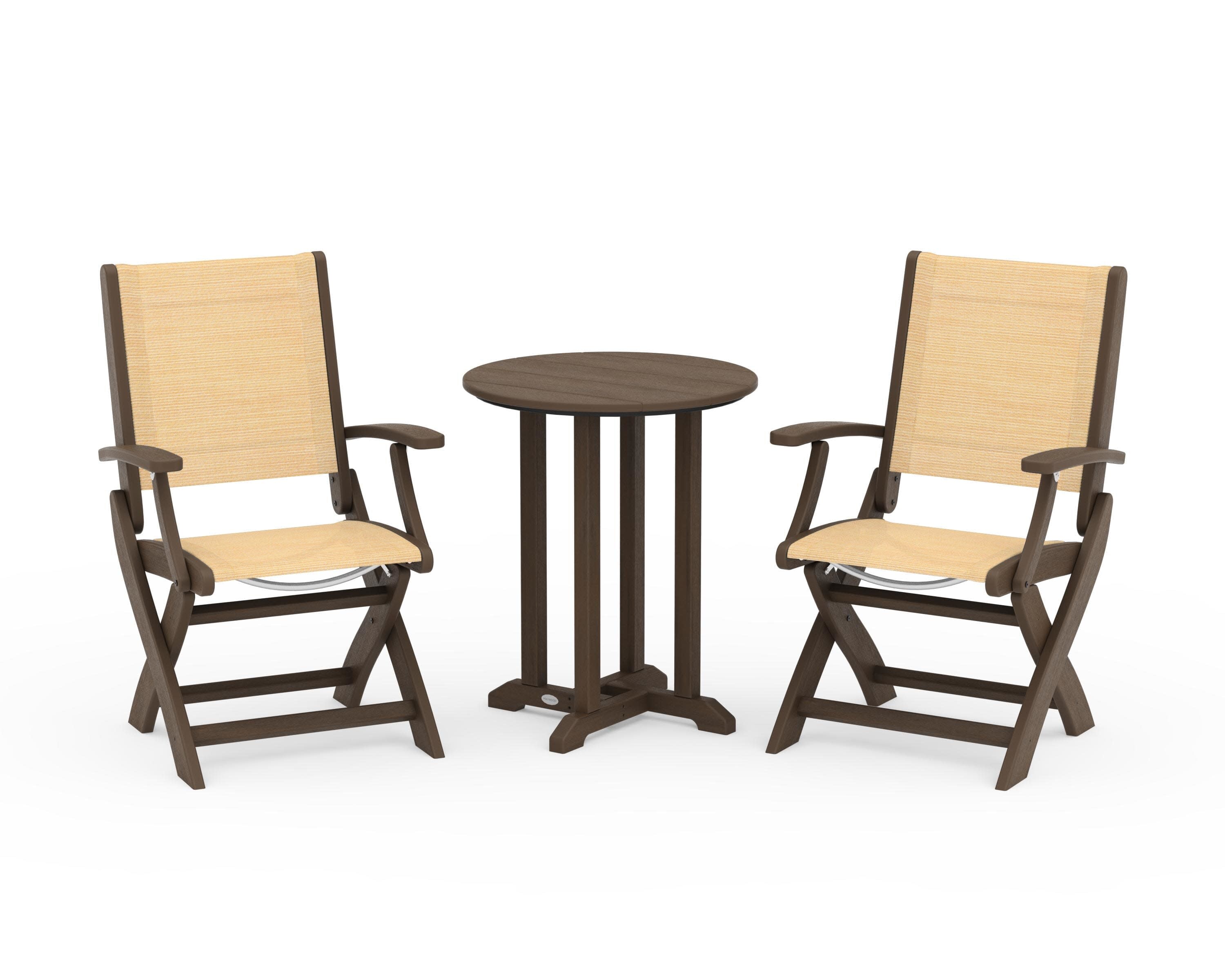 Coastal Folding 3-Piece Round Bistro Dining Set in Kona / Dupioni Apricot Sling