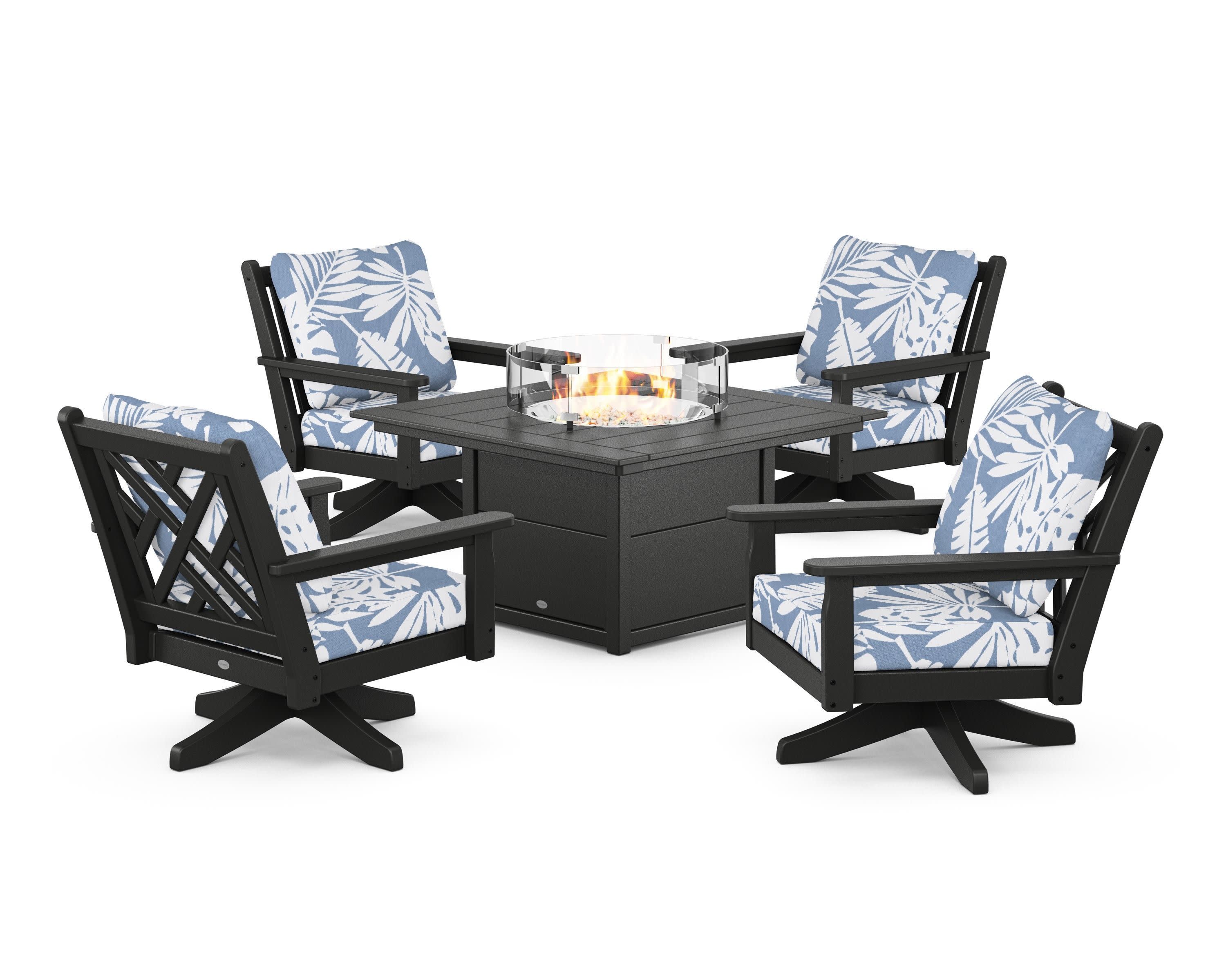 Chippendale 5-Piece Deep Seating Swivel Conversation Set with Fire Pit Table in Black / Leaf Sky Blue