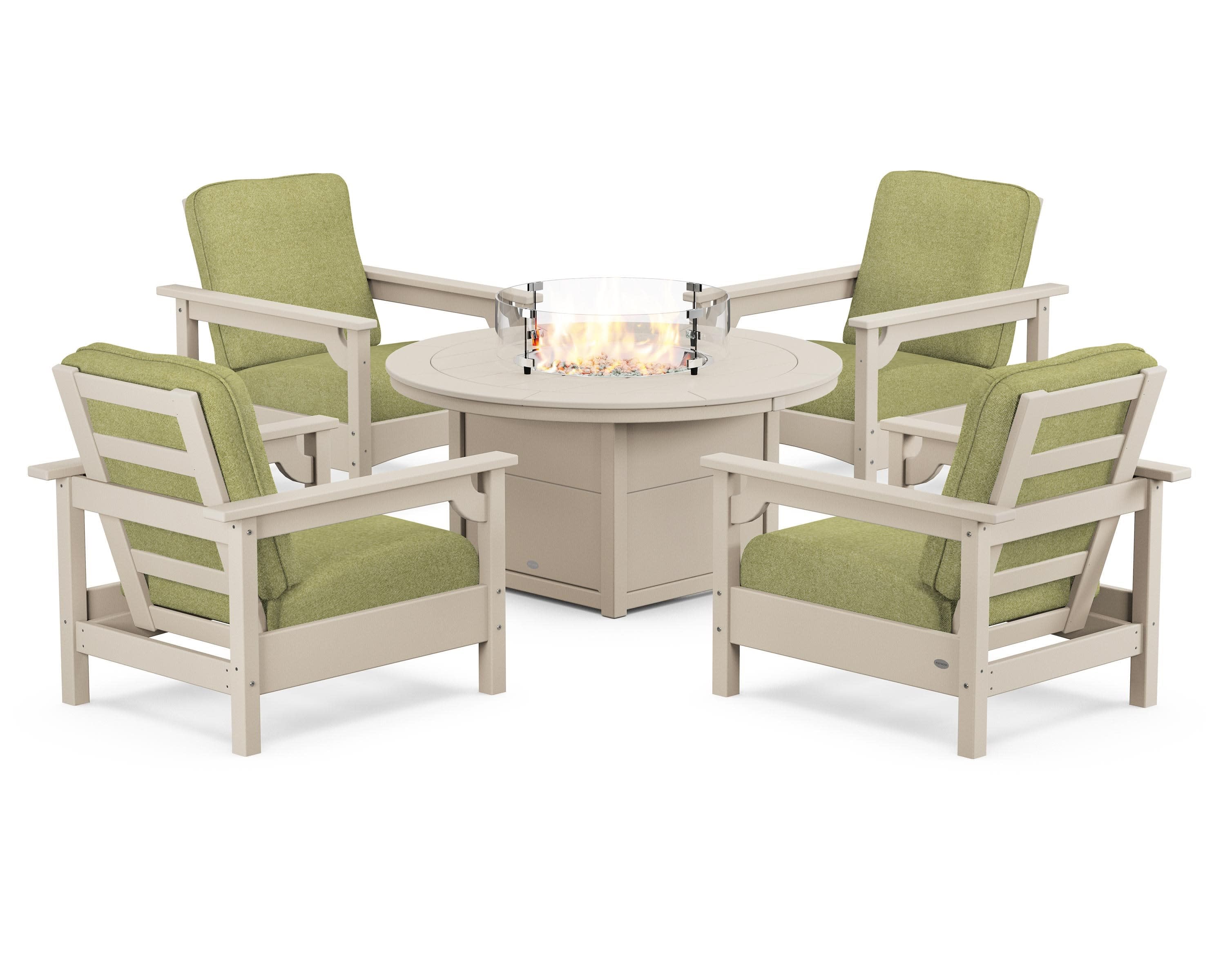 Club 5-Piece Conversation Set with Fire Pit Table in Sand / Chartreuse Boucle