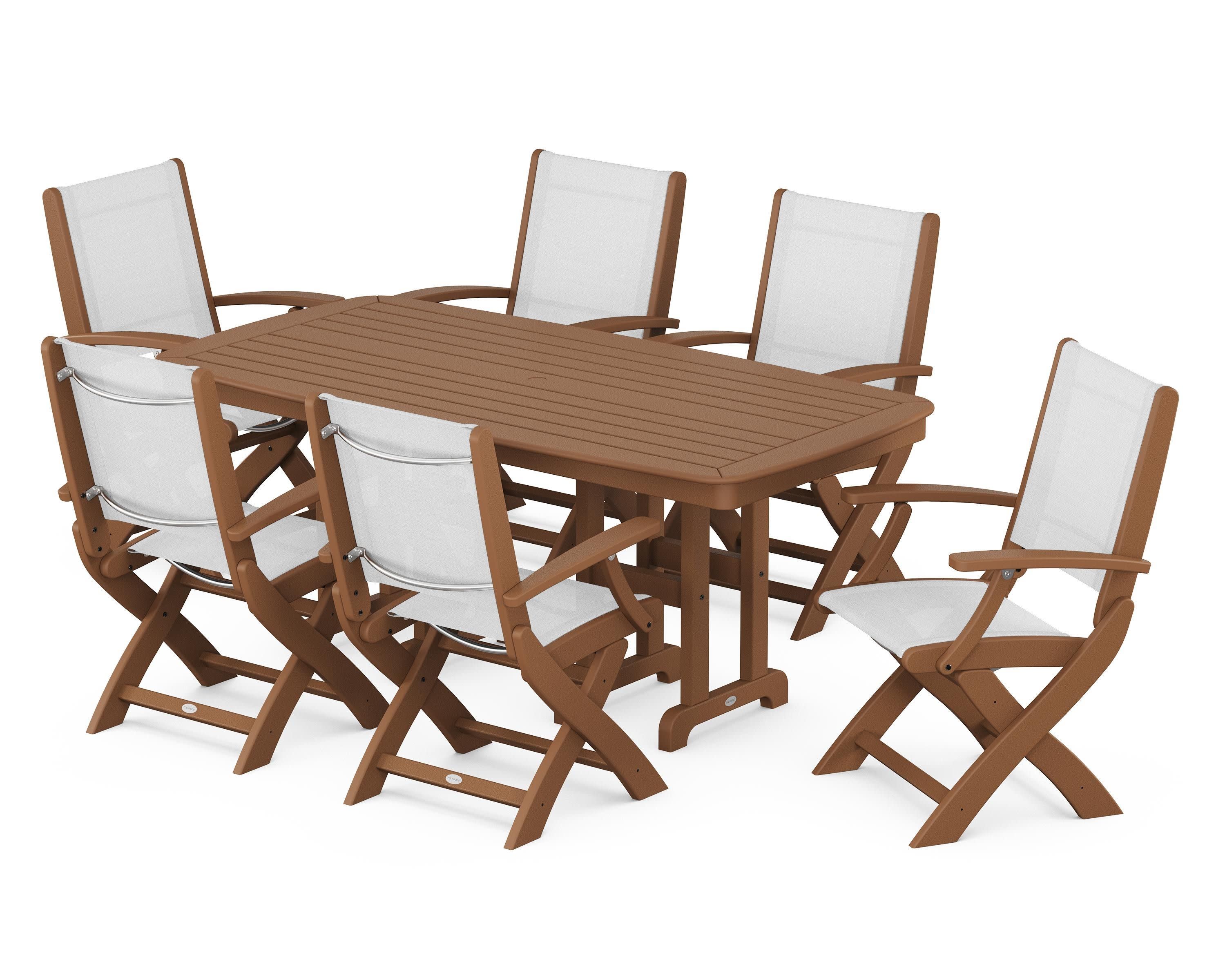 Coastal Folding Arm Chair 7-Piece Dining Set in Teak / White Sling