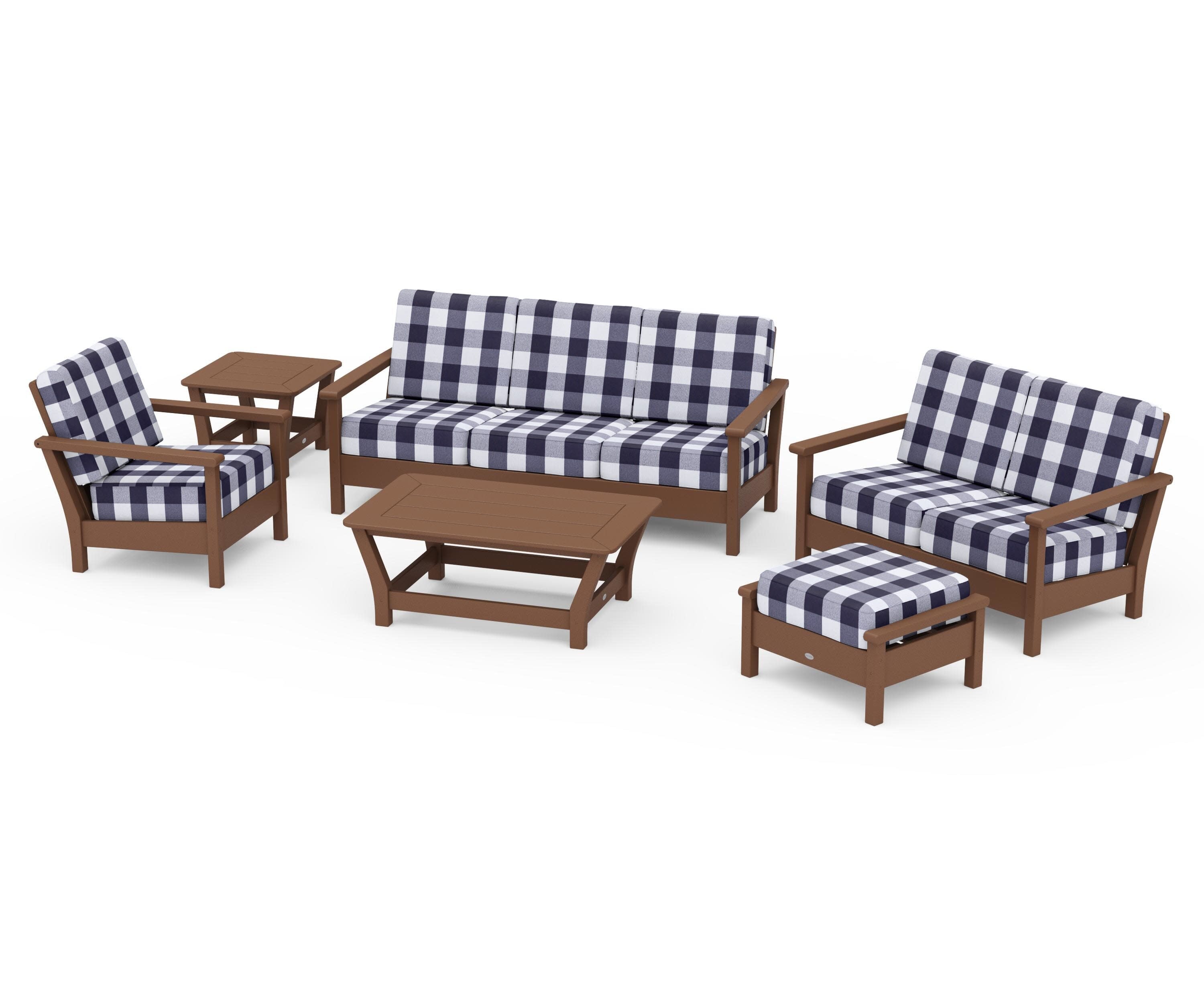 Harbour 6-Piece Outdoor Living Set in Teak / Buffalo Plaid Navy