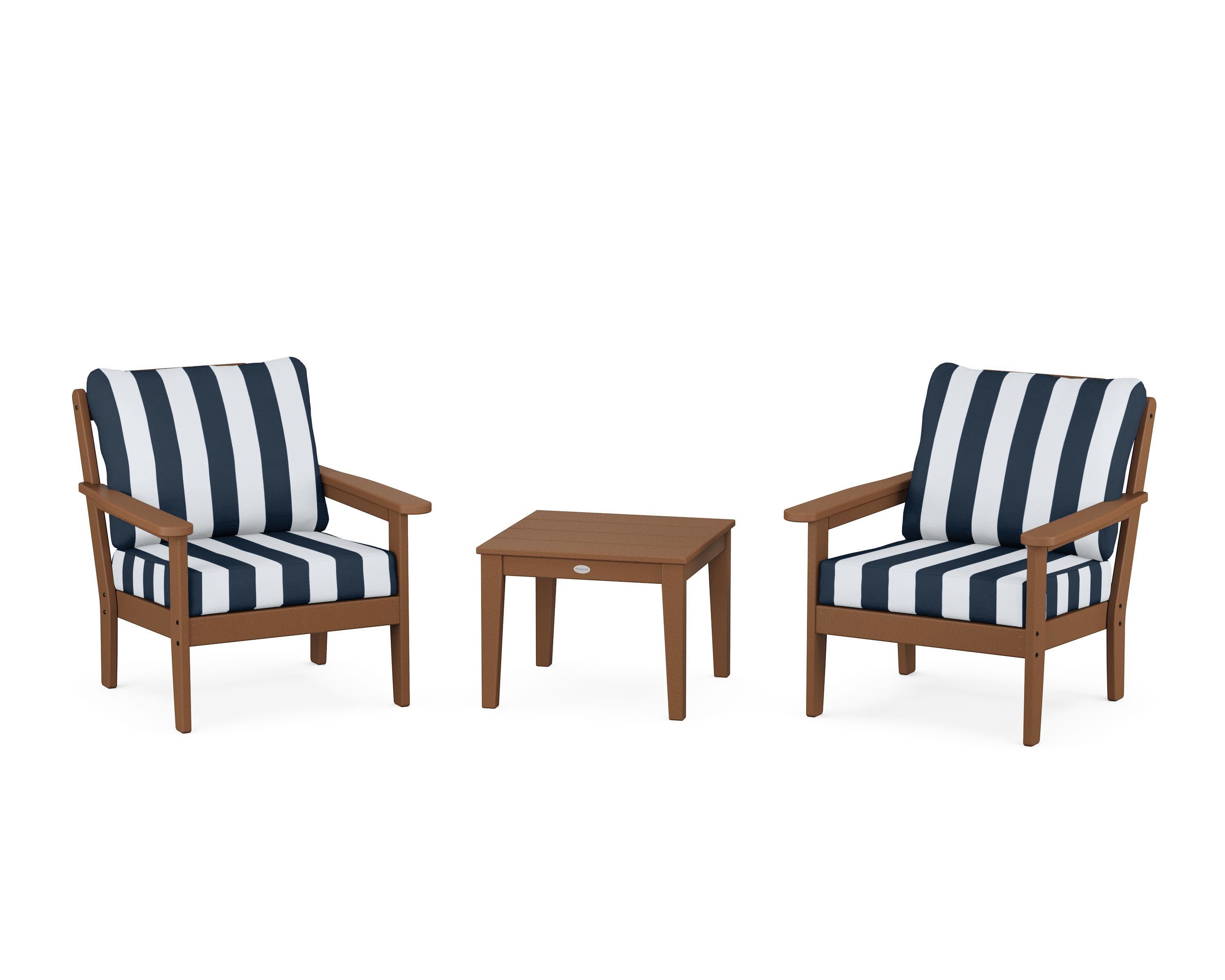 Cottage 3-Piece Deep Seating Set in Teak / Cabana Stripe Marine Indigo