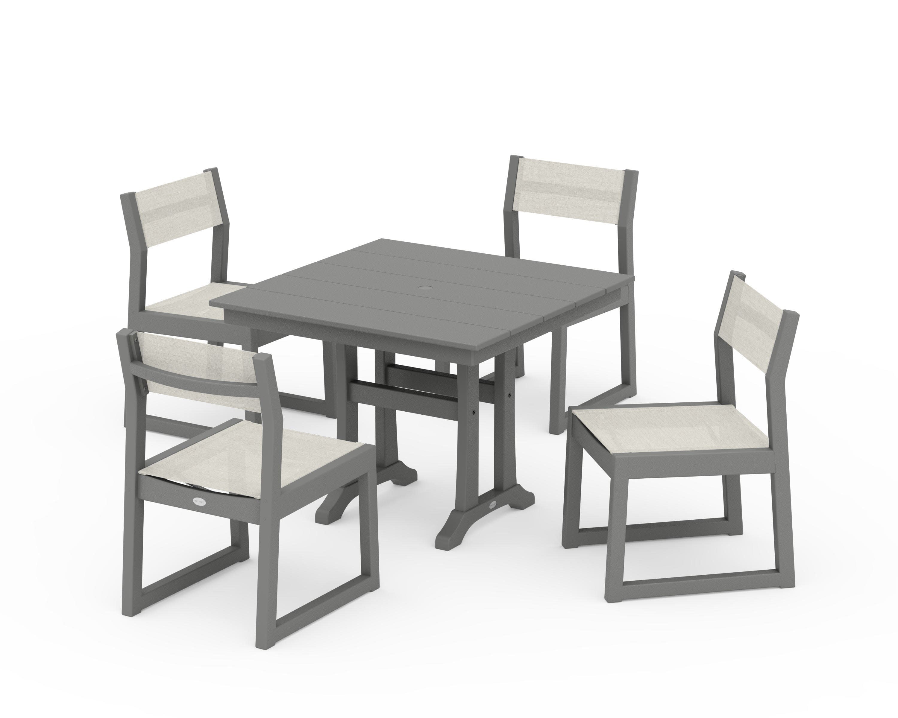 EDGE Sling 5-Piece Farmhouse Trestle Side Chair Dining Set in Slate Grey / Parchment Sling