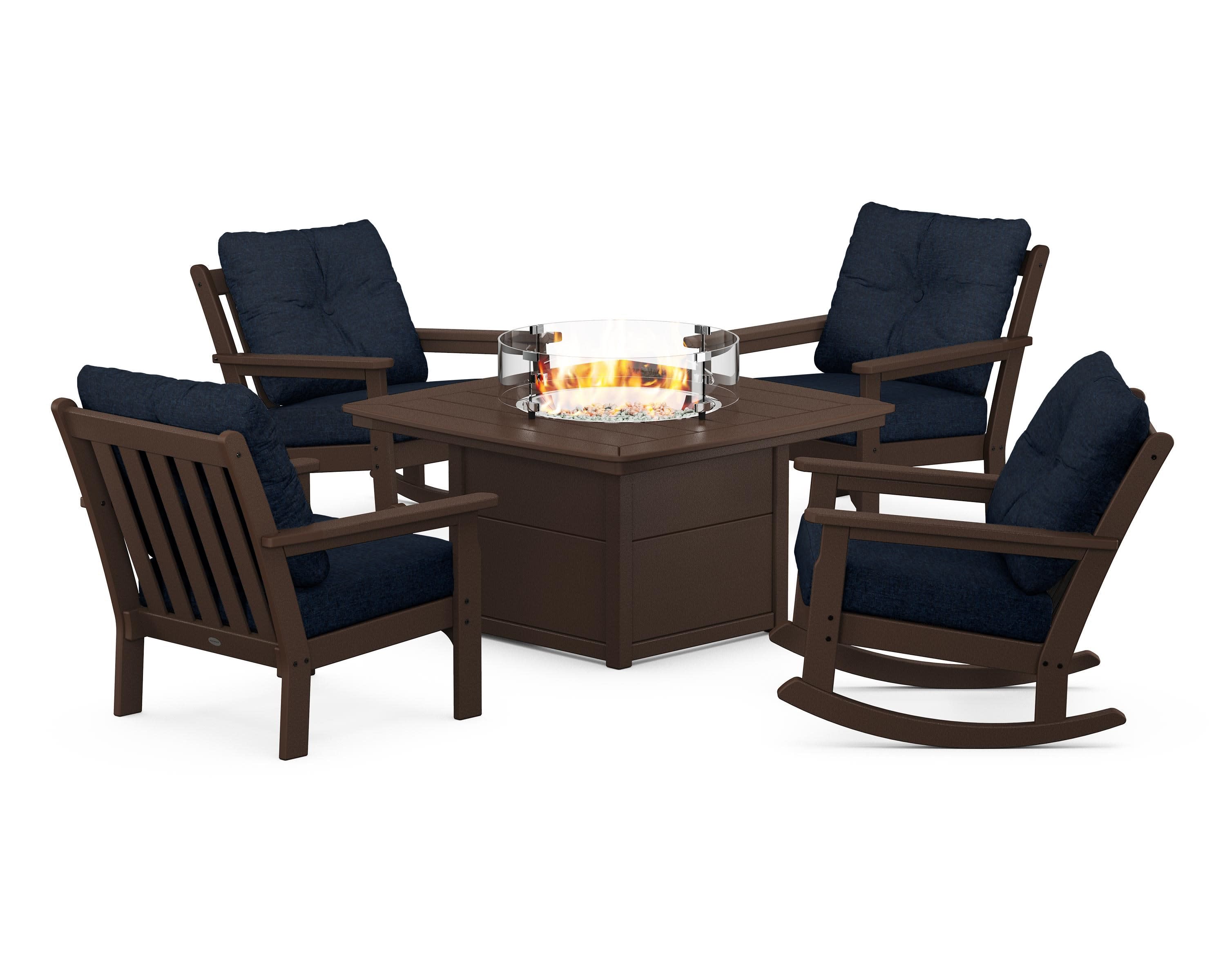 Vineyard 5-Piece Deep Seating Rocking Chair Conversation Set with Fire Pit Table in Mahogany / Marine Indigo
