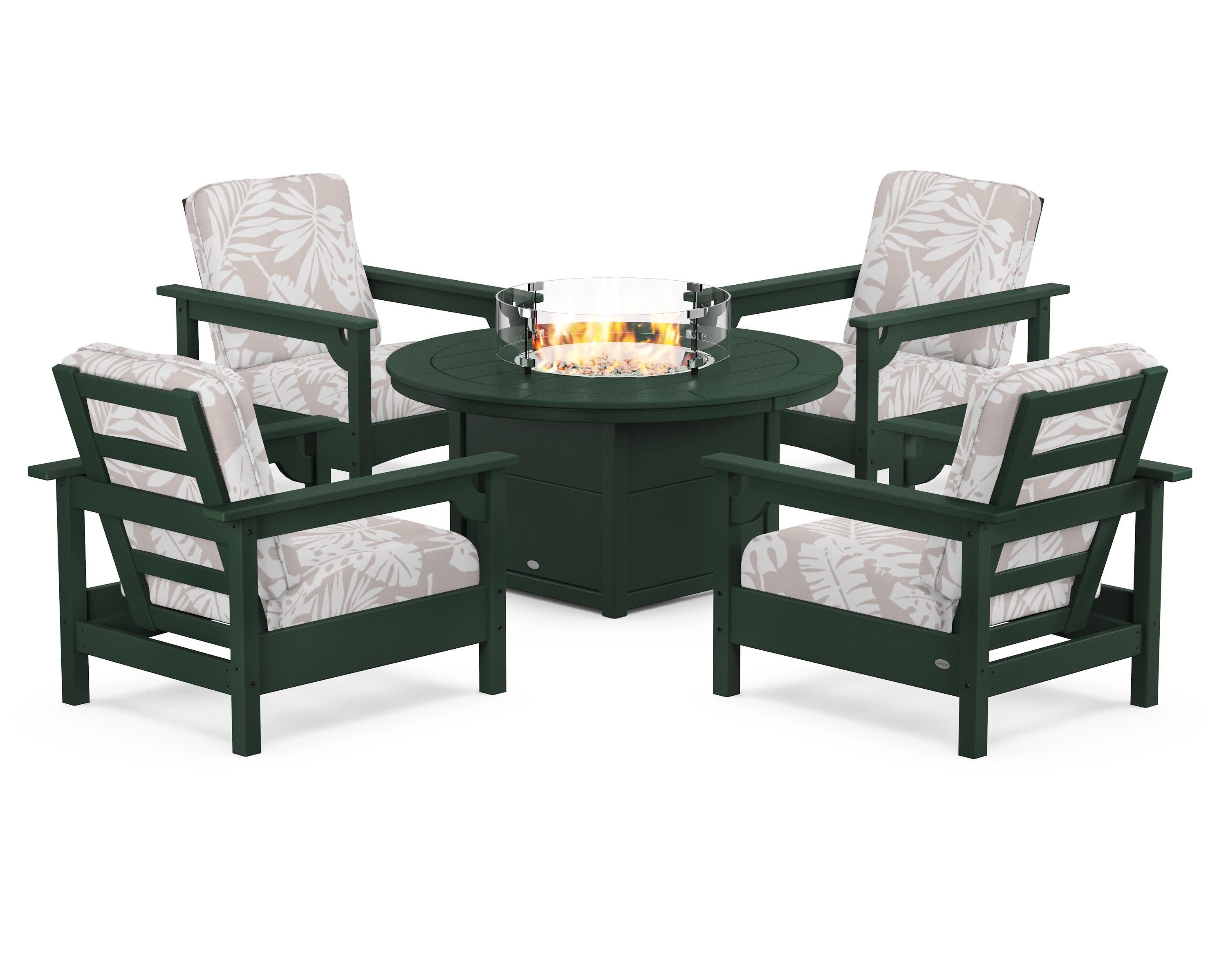 Club 5-Piece Conversation Set with Fire Pit Table in Green / Leaf Dune Burlap