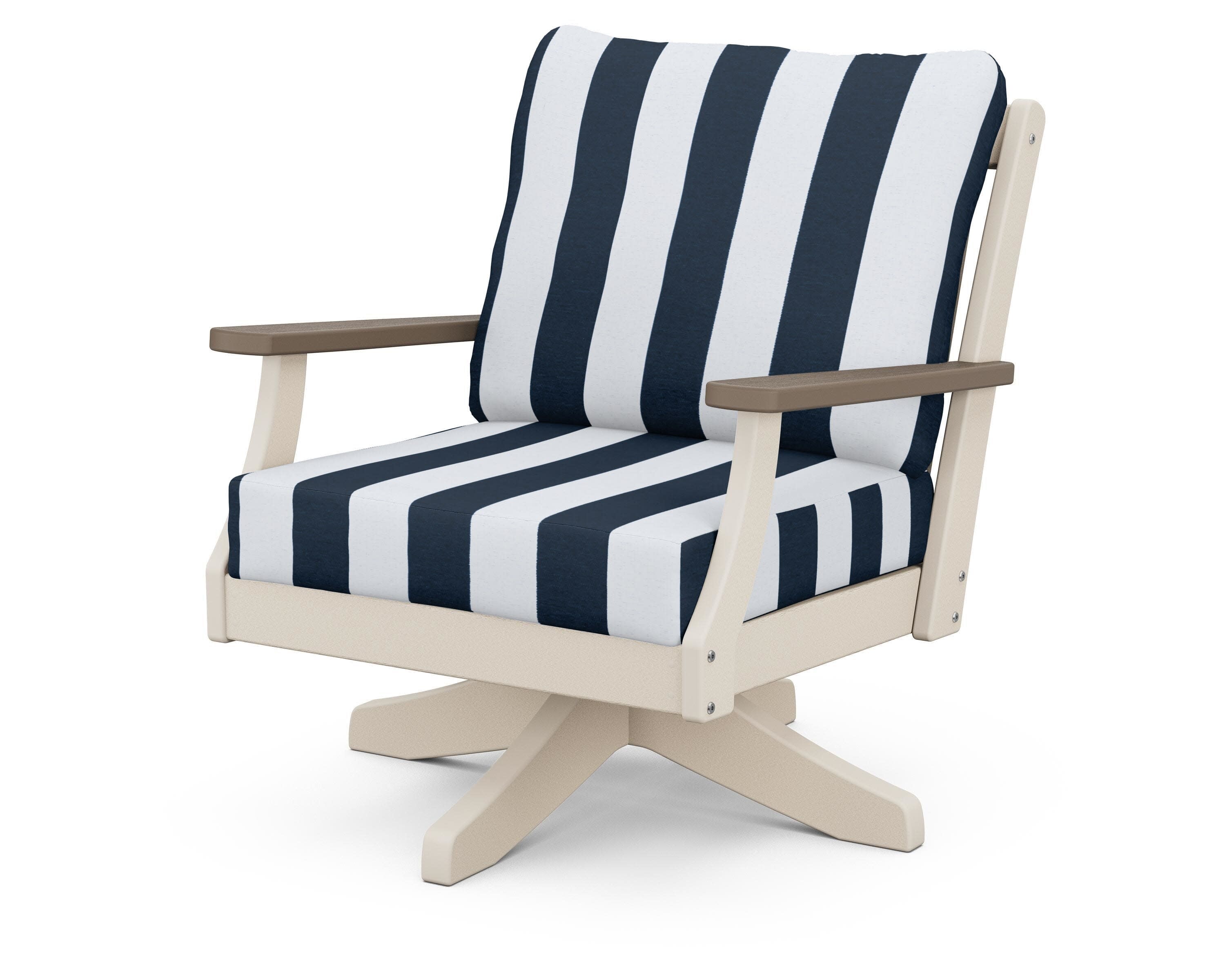 Braxton Deep Seating Swivel Chair in Sand / Kona / Cabana Stripe Marine Indigo