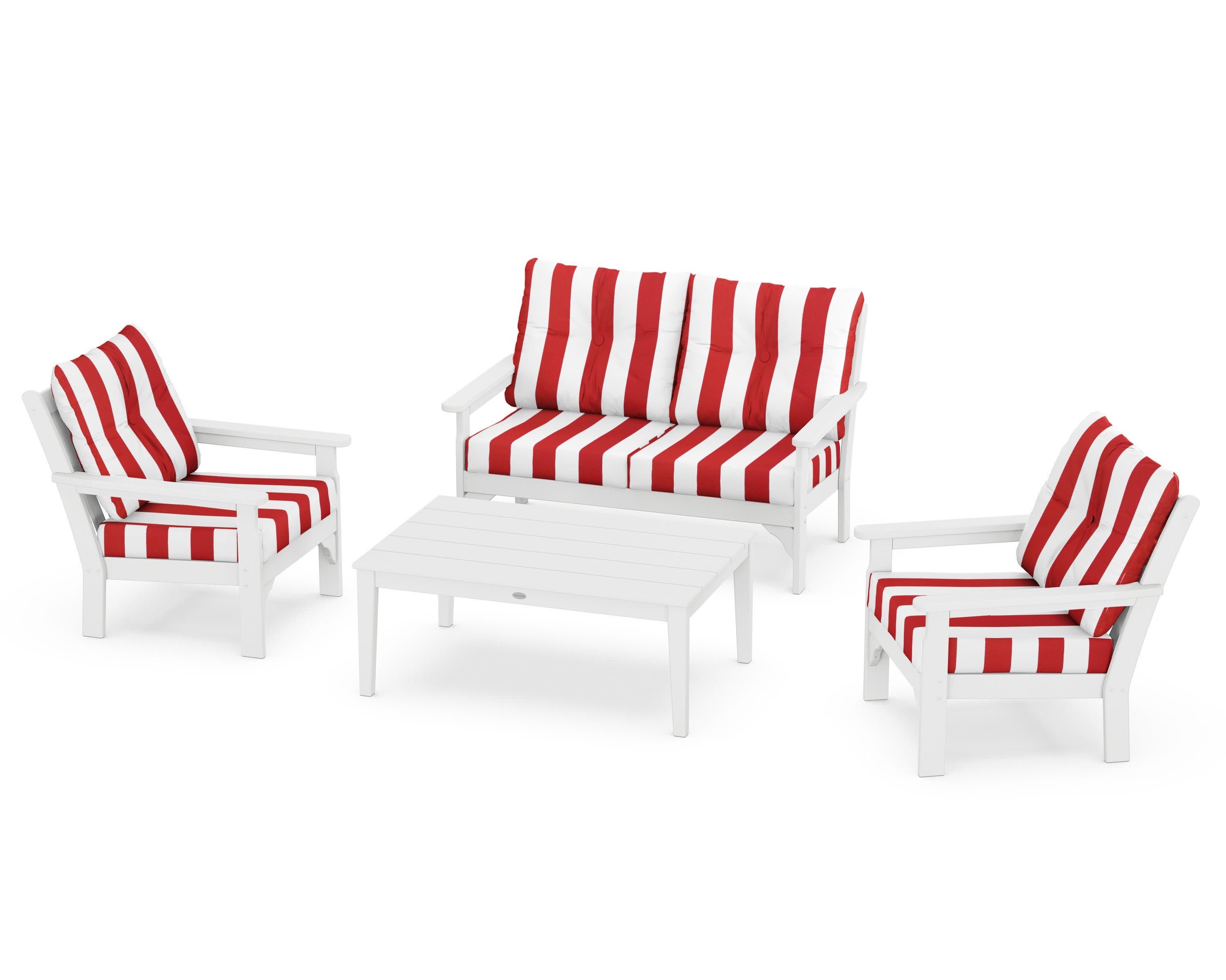 Vineyard 4-Piece Deep Seating Set in White / Cabana Stripe Crimson