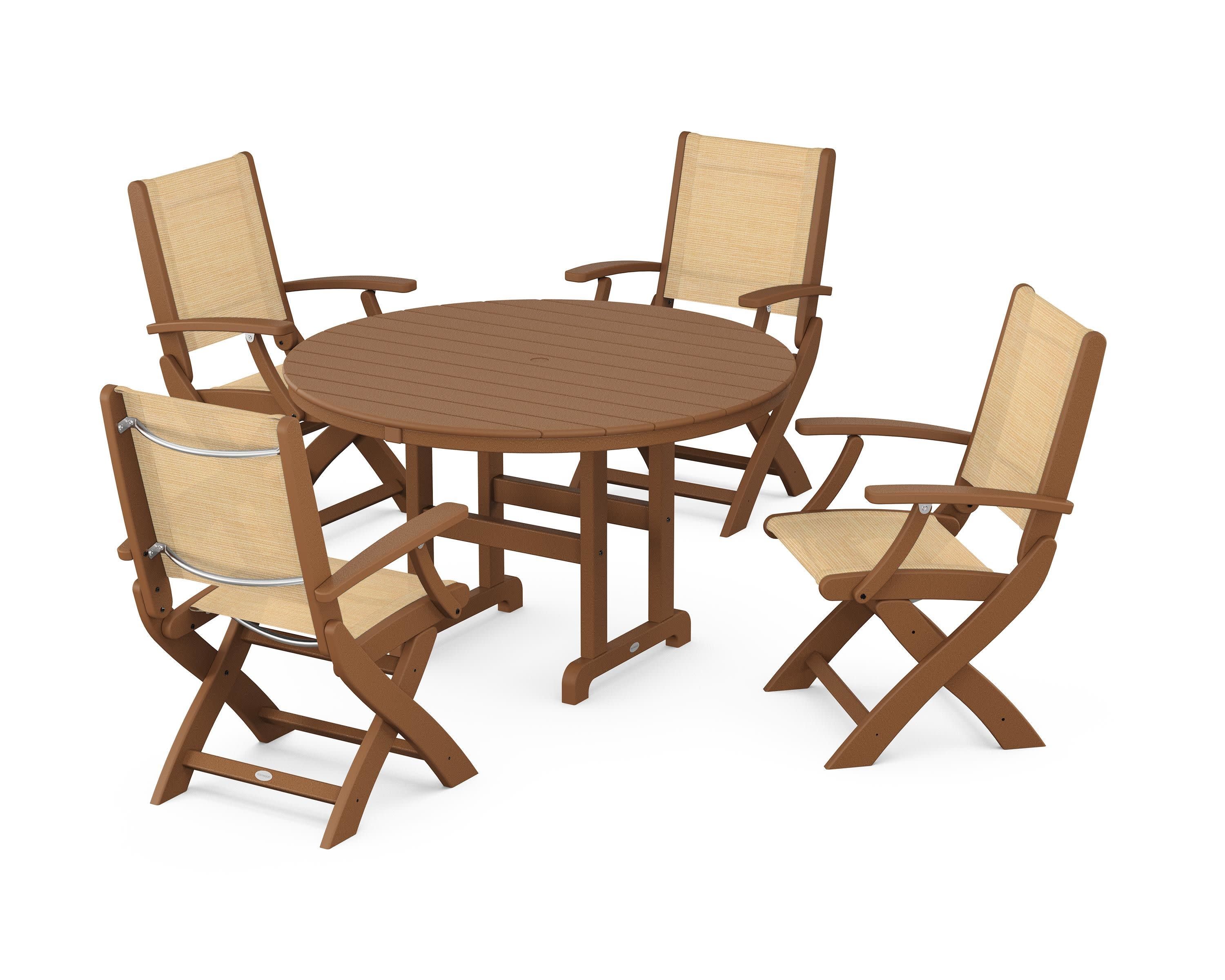 Coastal Folding Chair 5-Piece Round Dining Set in Teak / Dupioni Apricot Sling