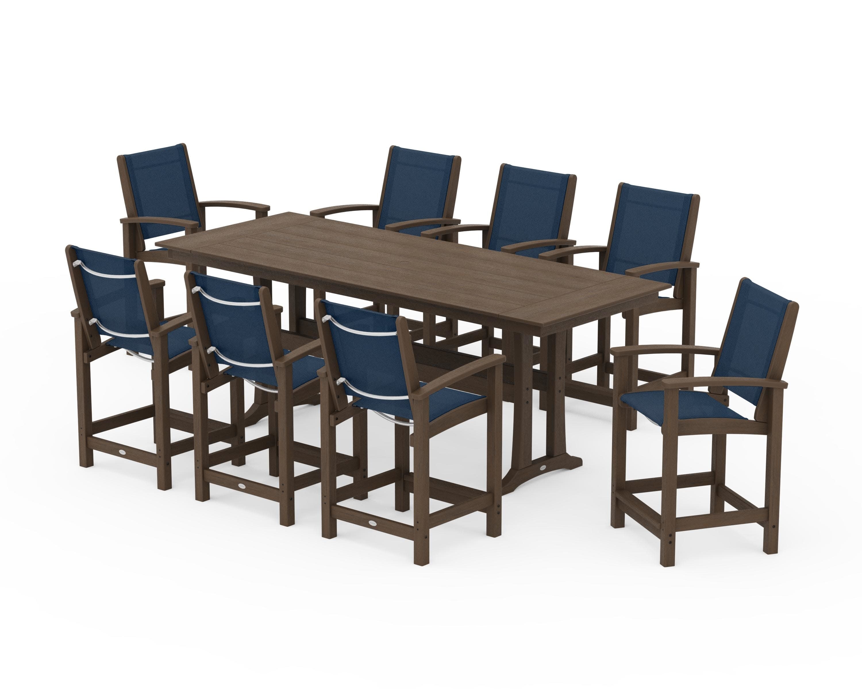 Coastal 9-Piece Farmhouse Counter Set with Trestle Legs in Kona / Navy Blue Sling