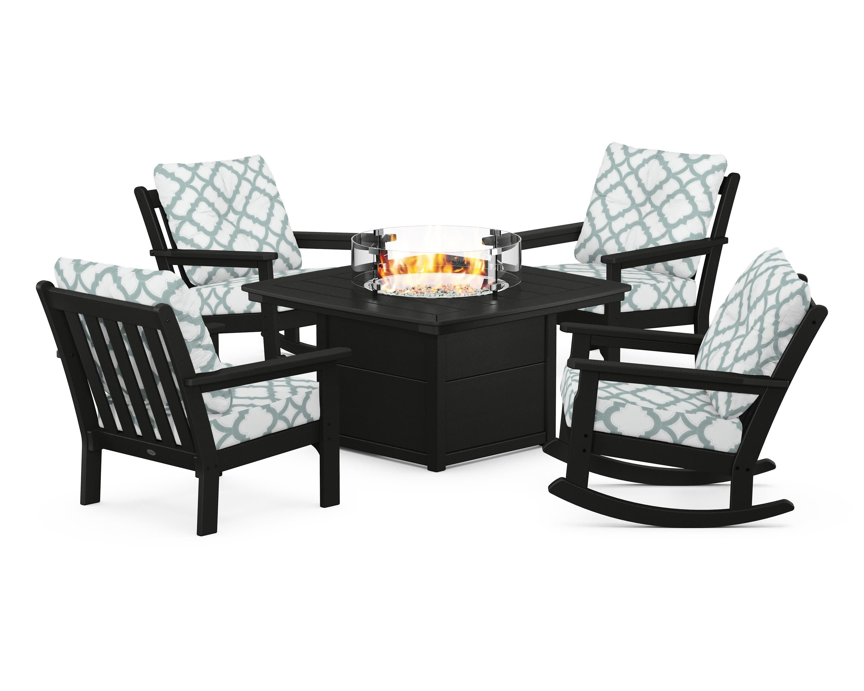 Vineyard 5-Piece Deep Seating Rocking Chair Conversation Set with Fire Pit Table in Black / Trellis Glacier Spa