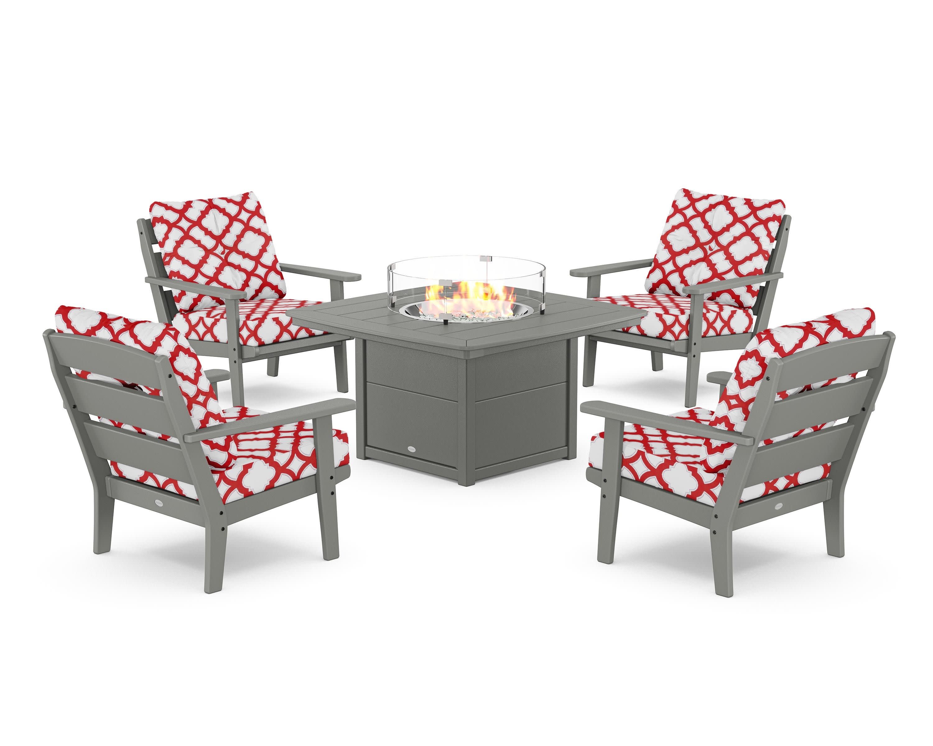 Lakeside 5-Piece Deep Seating Set with Nautical Fire Pit Table in Slate Grey / Trellis Crimson