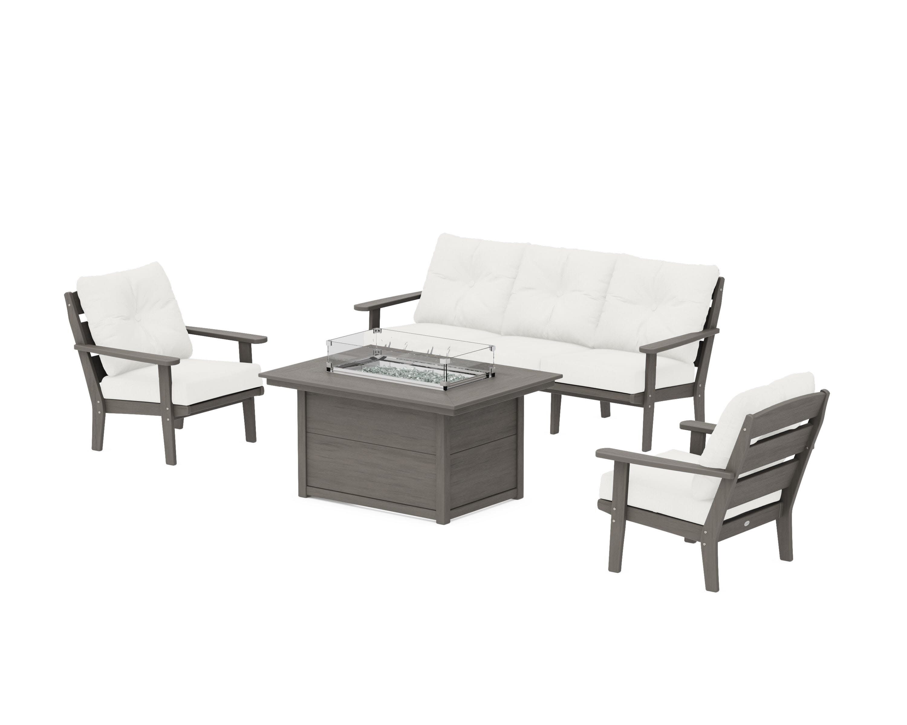 Lakeside Deep Seating Fire Pit Table Set in Driftwood / Natural Linen