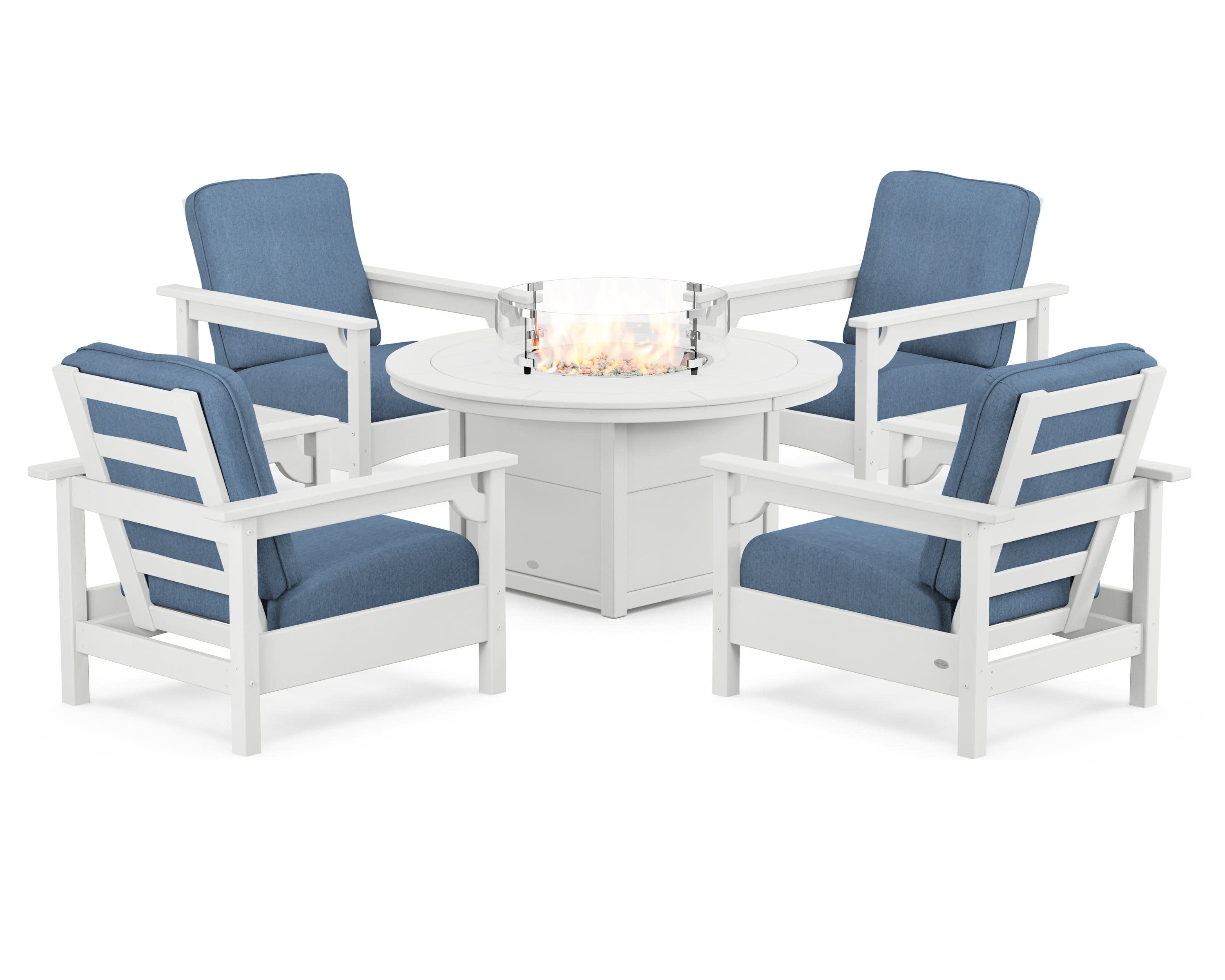 Club 5-Piece Conversation Set with Fire Pit Table in White / Sky Blue
