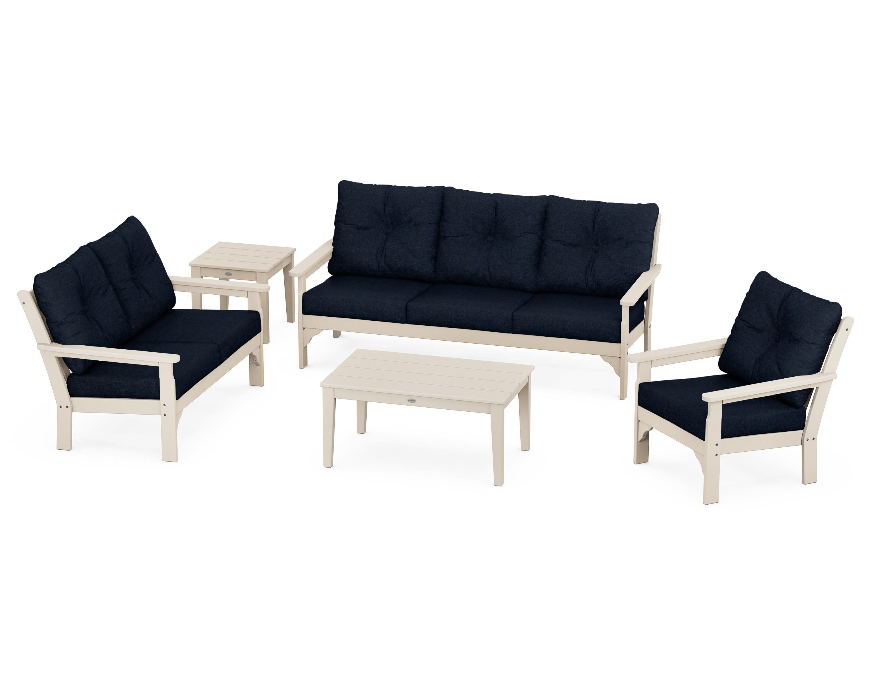 Vineyard 5 Piece Deep Seating Set in Sand / Marine Indigo