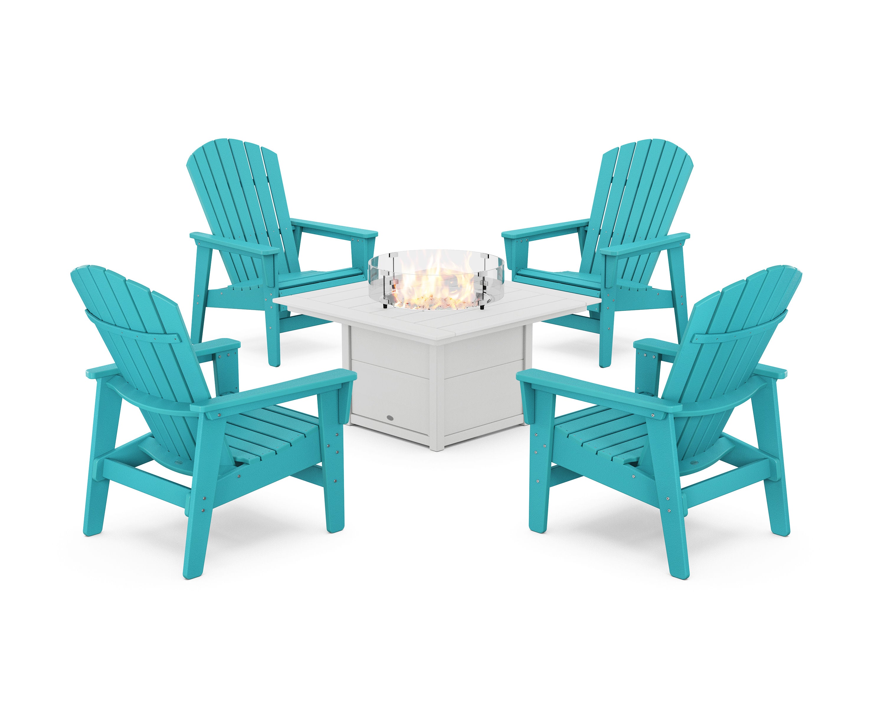 5-Piece Nautical Grand Upright Adirondack Conversation Set with Fire Pit Table in Aruba / White