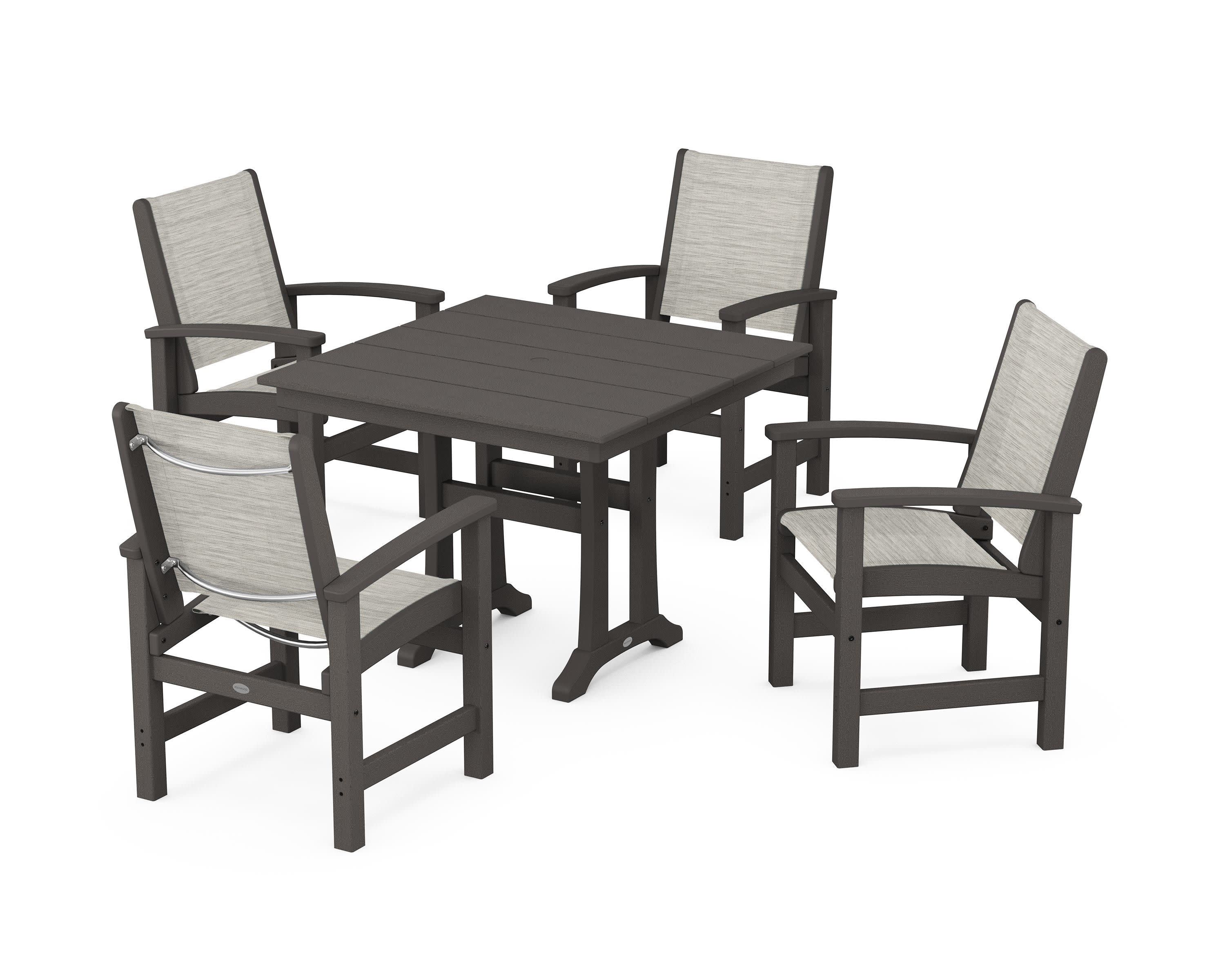 Coastal 5-Piece Farmhouse Dining Set With Trestle Legs in Vintage Coffee / Birch Sling