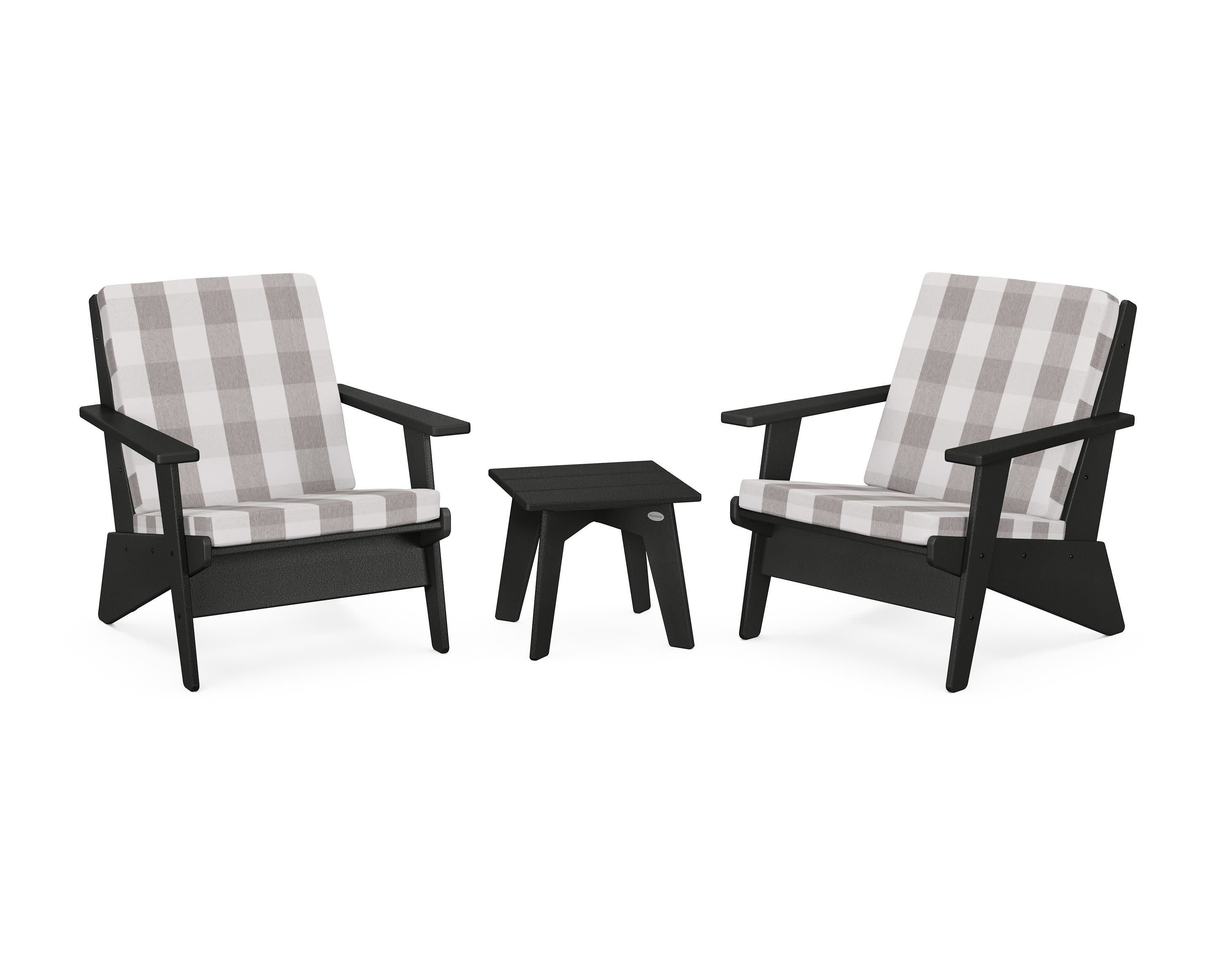 Riviera Modern Lounge 3-Piece Set in Black / Buffalo Plaid Grey Mist