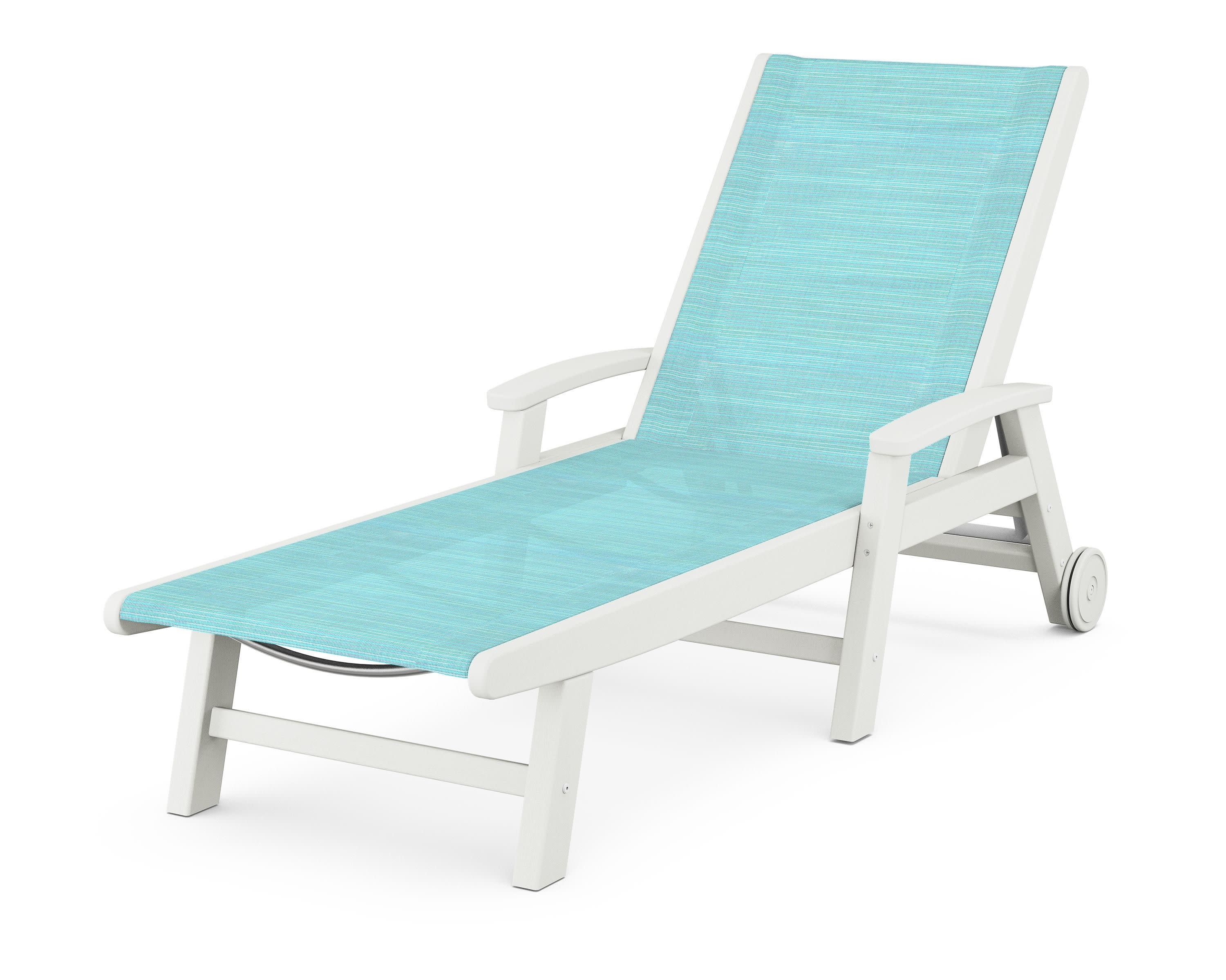Coastal Chaise with Wheels in Vintage White / Dupioni Aquamarine Sling