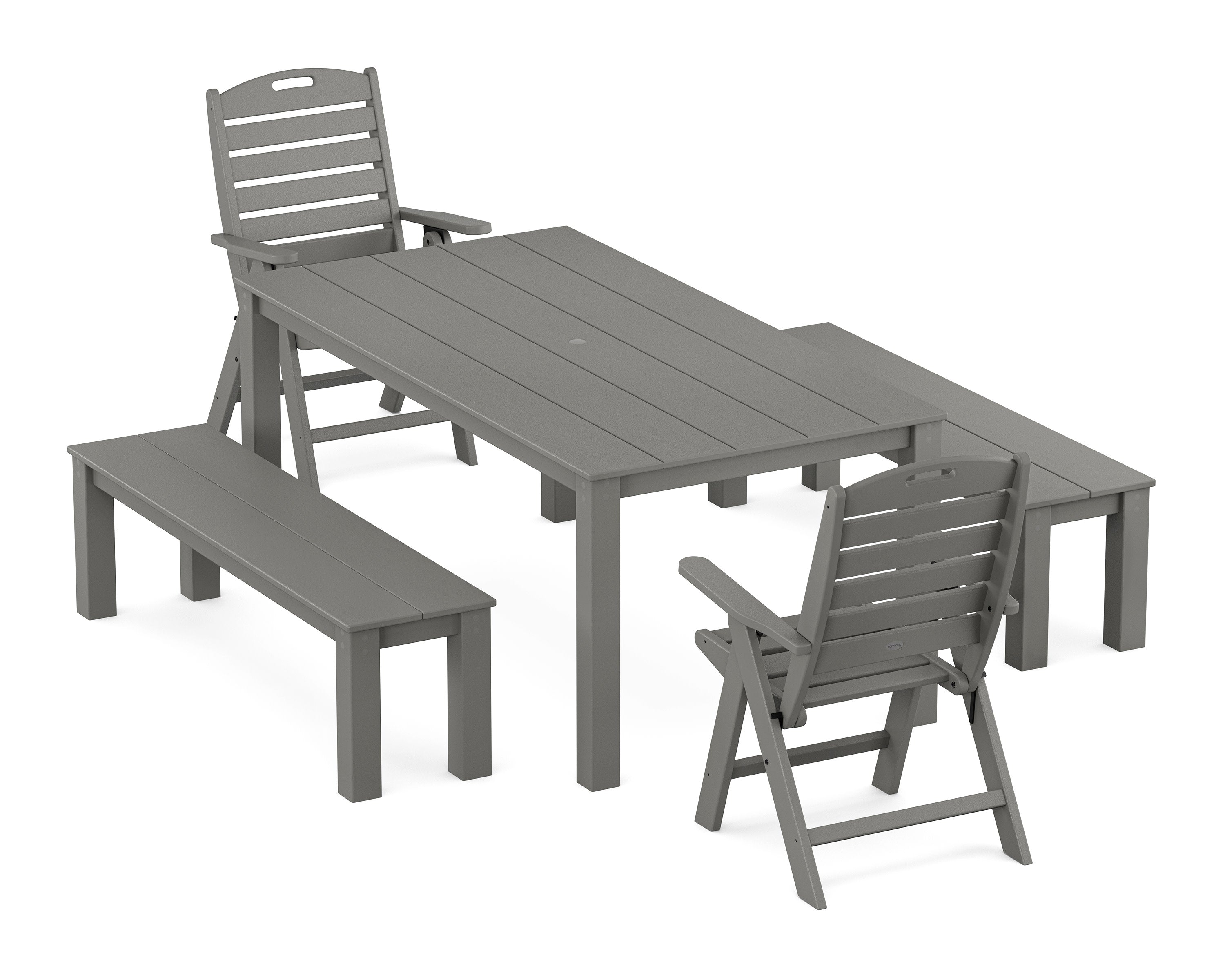Nautical Folding Highback Chair 5-Piece Parsons Dining Set with Benches in Slate Grey