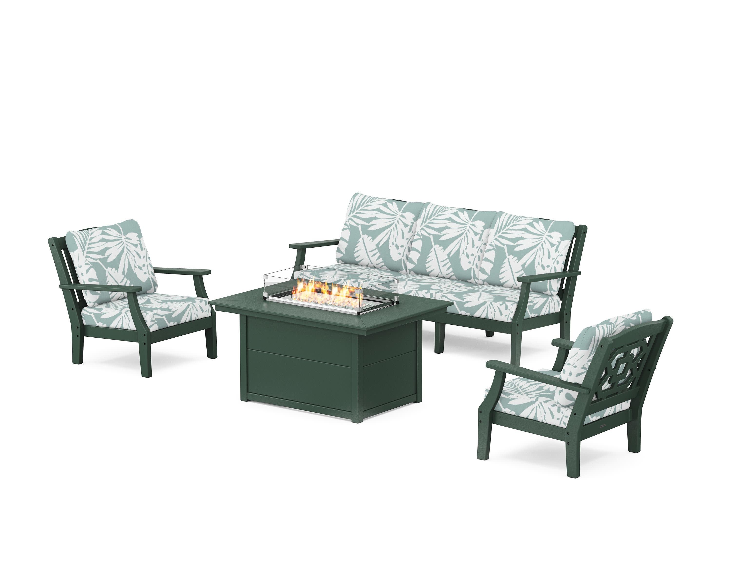 Chinoiserie Deep Seating Fire Pit Table Set in Green / Leaf Glacier Spa