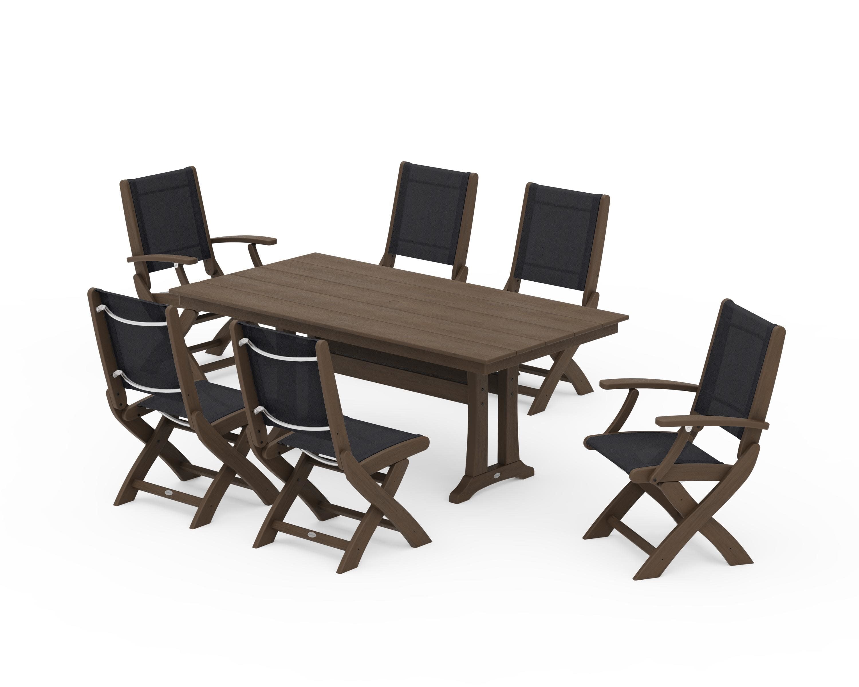 Coastal Folding Chair 7-Piece Farmhouse Dining Set with Trestle Legs in Kona / Black Sling